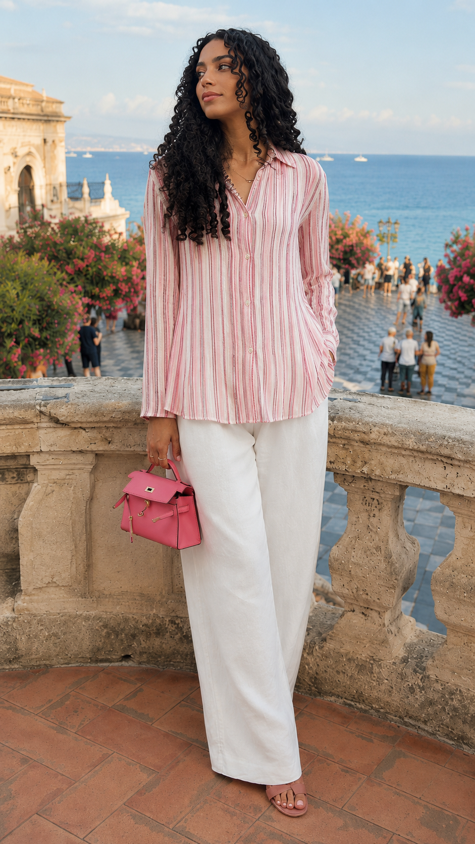 Front view of blush pink pleated stripe long sleeve blouse with soft drape