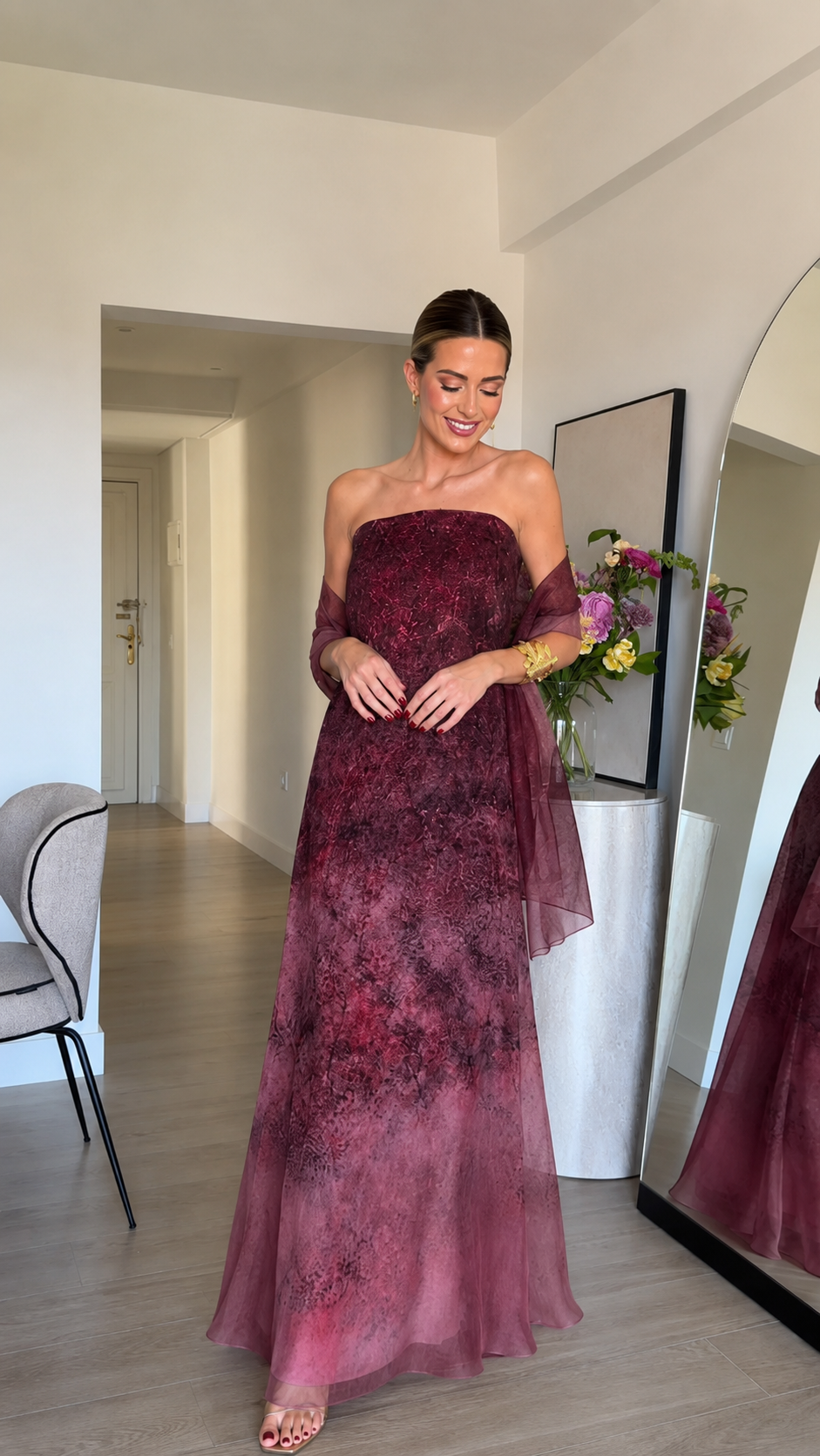 Burgundy strapless floor-length gown with ombre effect and coordinating wrap