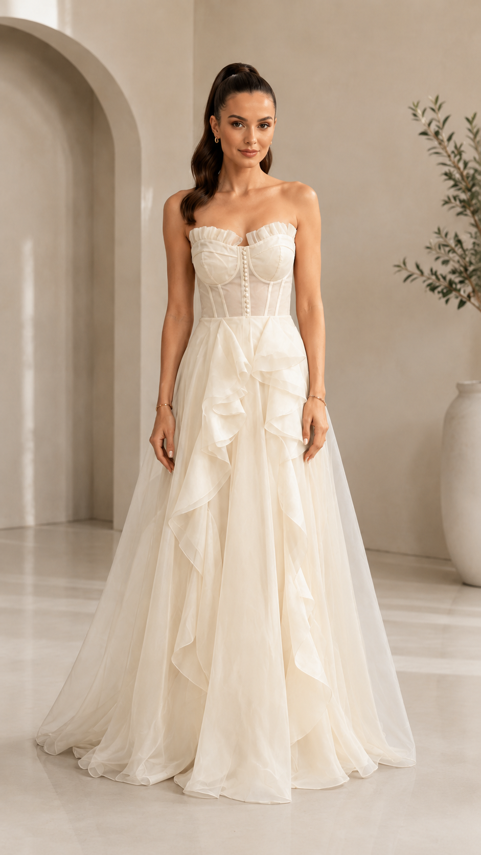 Front view of ivory strapless formal gown with structured bodice and layered sheer skirt