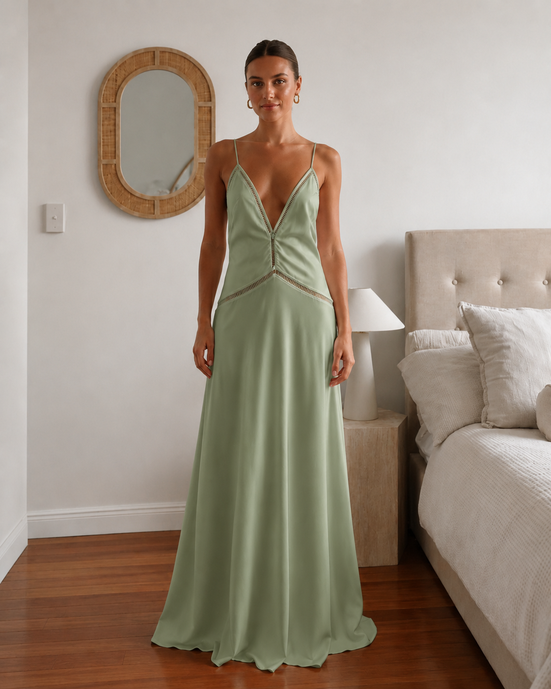 Sage satin-style plunge cami maxi dress front view