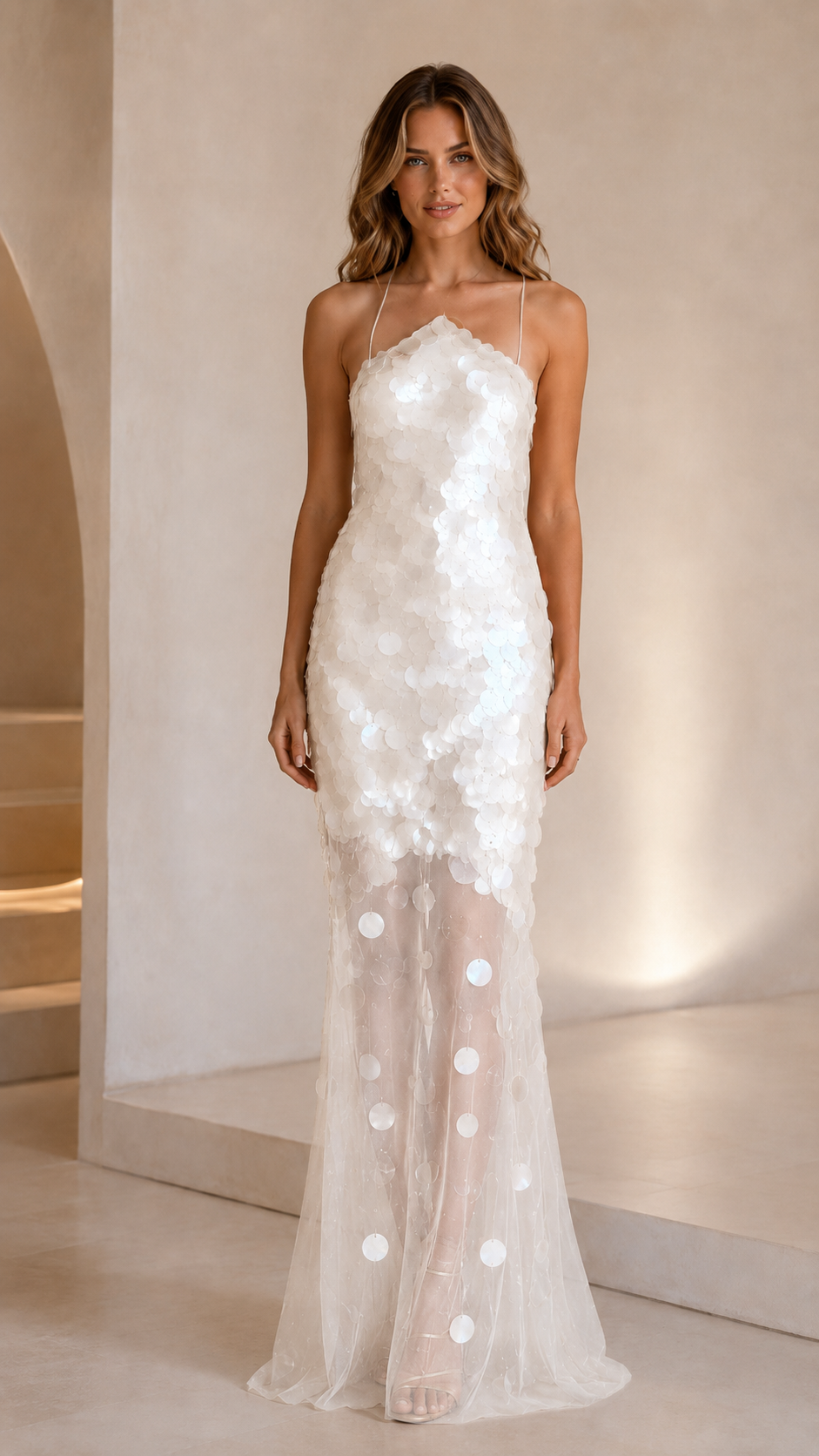Front view of white sequin bodycon evening gown with spaghetti straps