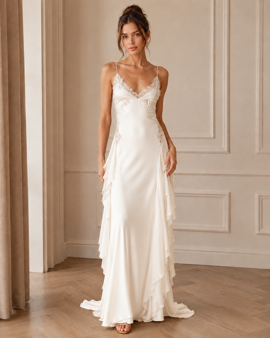 Front view of ivory lace trim satin-look slip maxi dress with floor-length silhouette