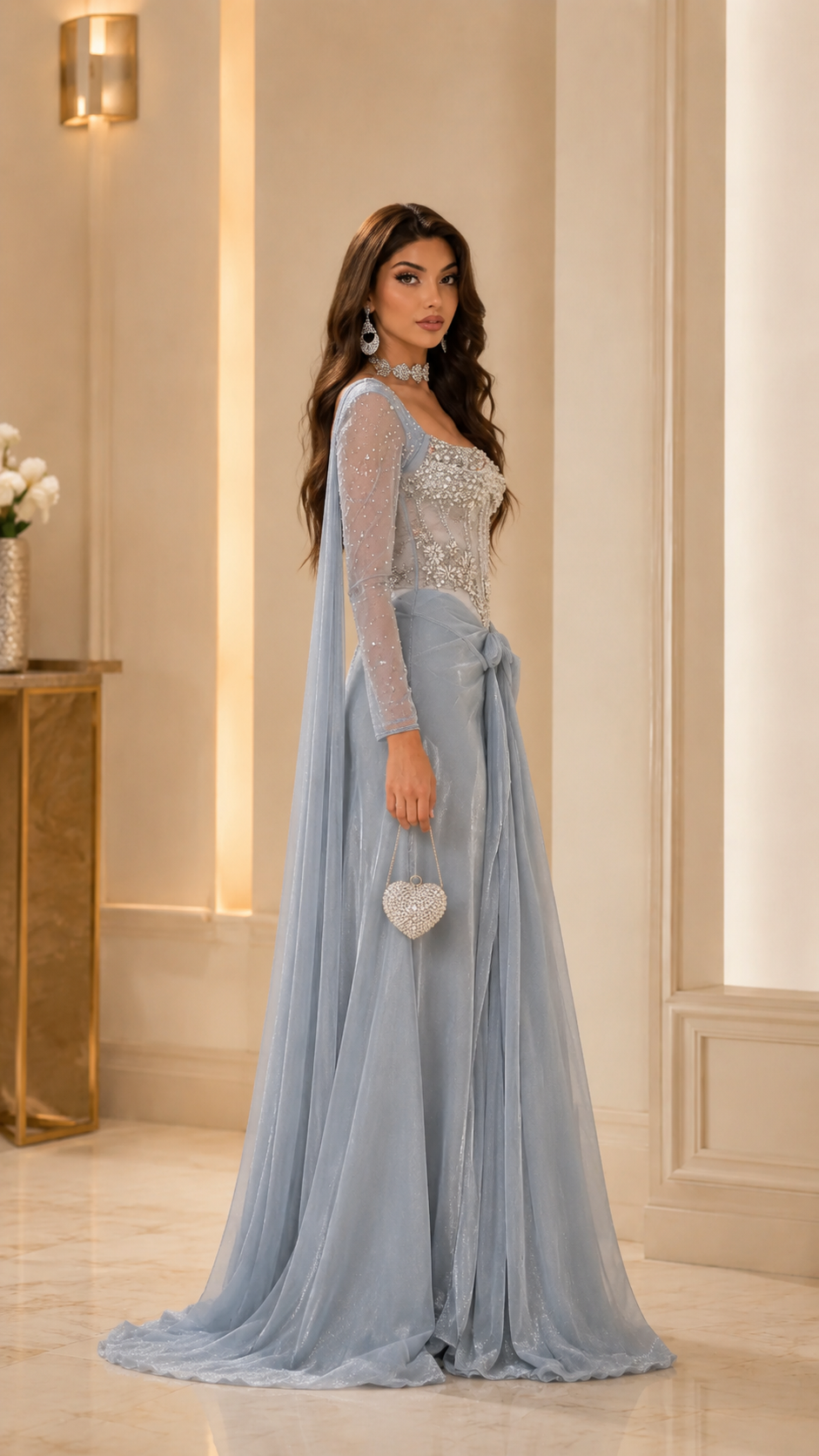 Powder blue embellished evening gown side view with sheer sleeves and flowing train