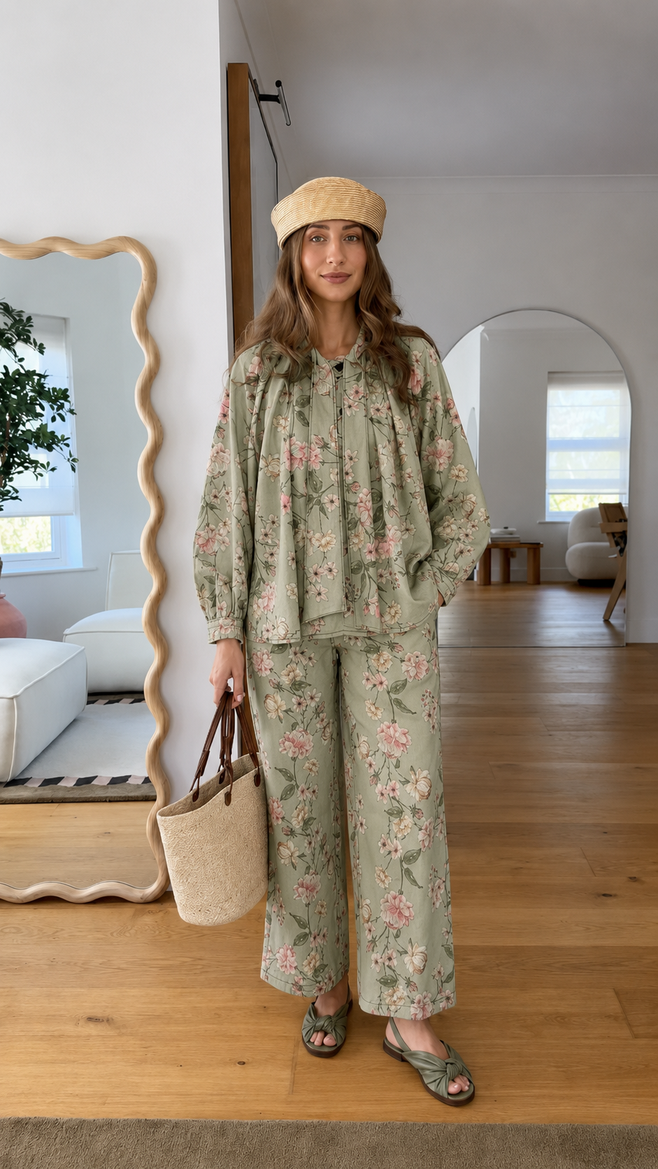 Front view of sage floral long-sleeve blouse and matching pants set