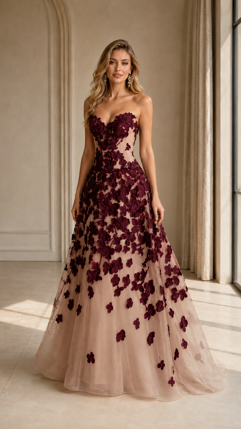 Front view of burgundy floral appliqué strapless evening gown