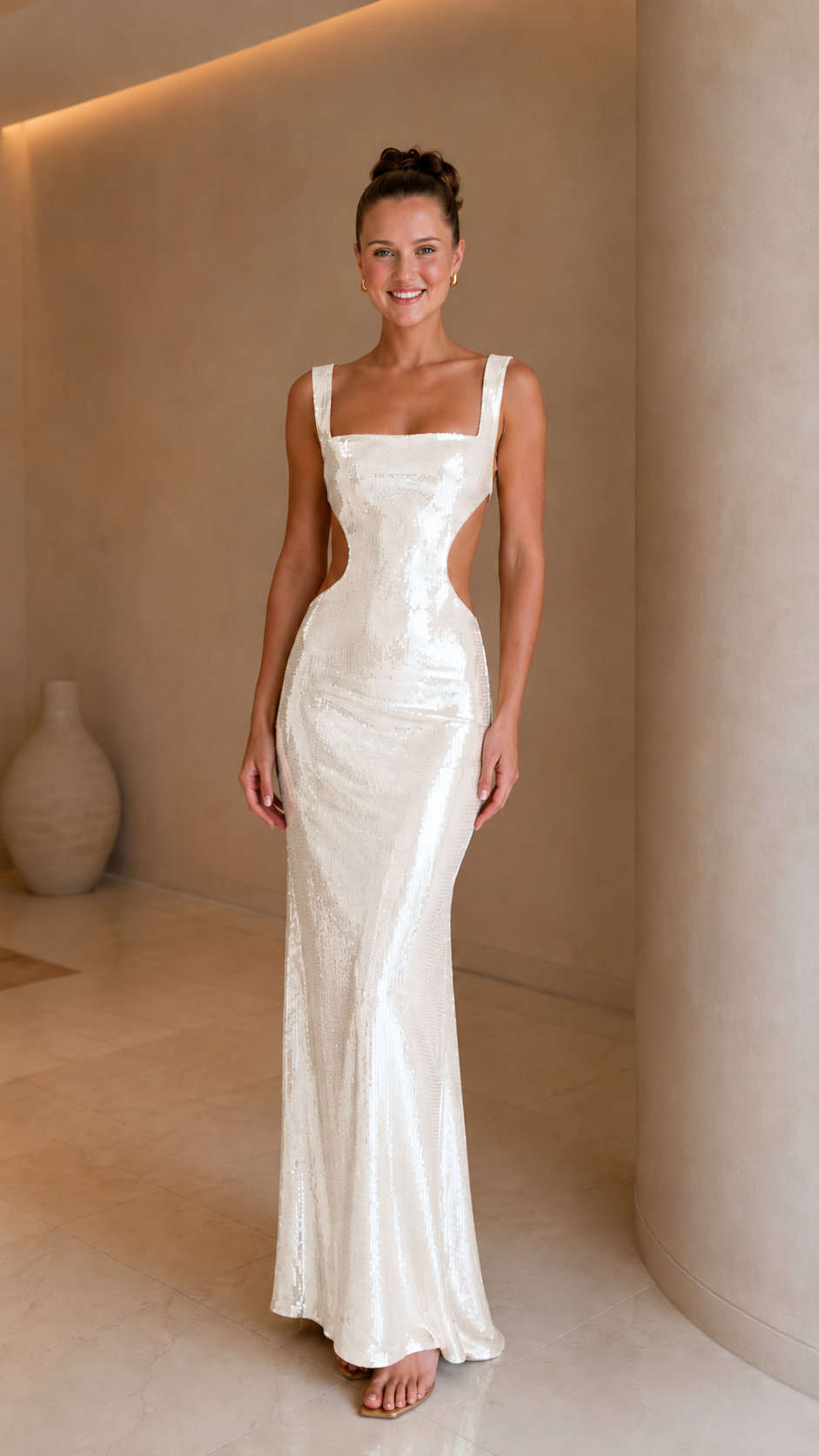 Front view of ivory sequin cutout mermaid maxi evening dress