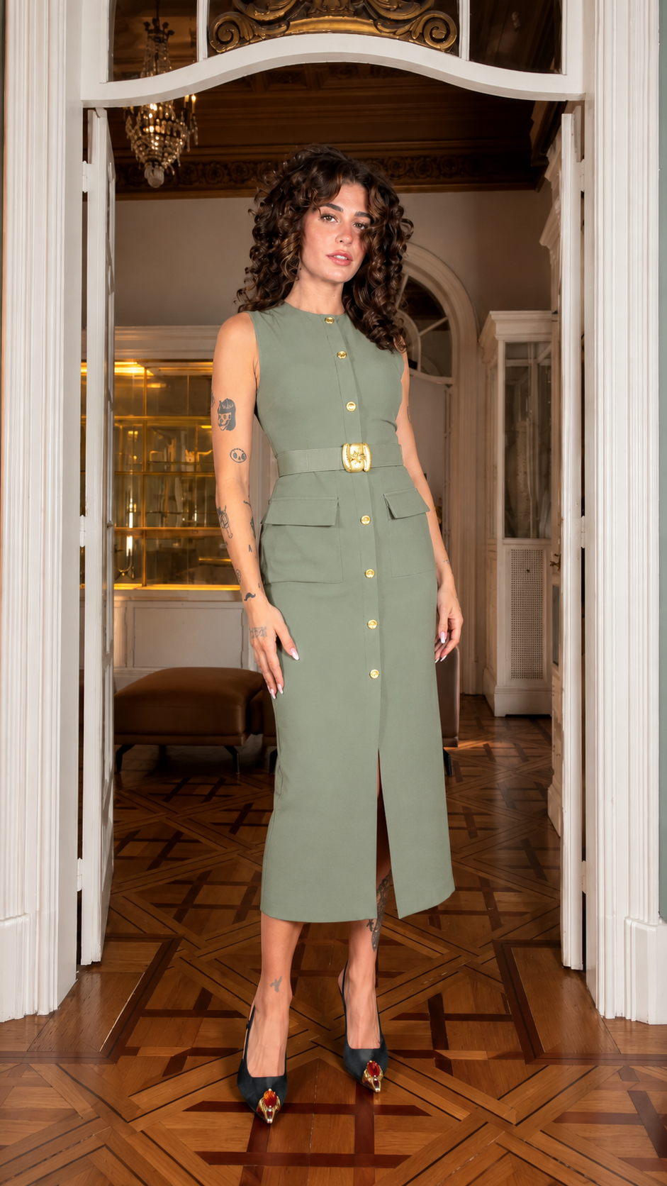 Front view of sage green sleeveless belted button-front midi dress