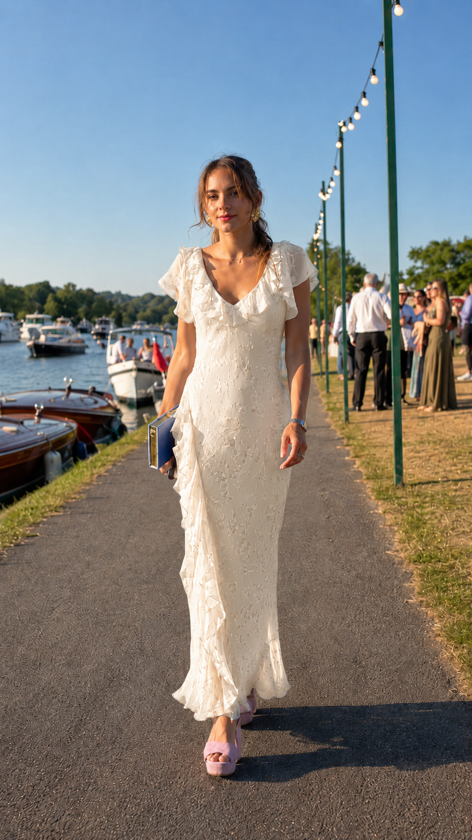 Front view of ivory floral textured maxi dress with ruffle neckline