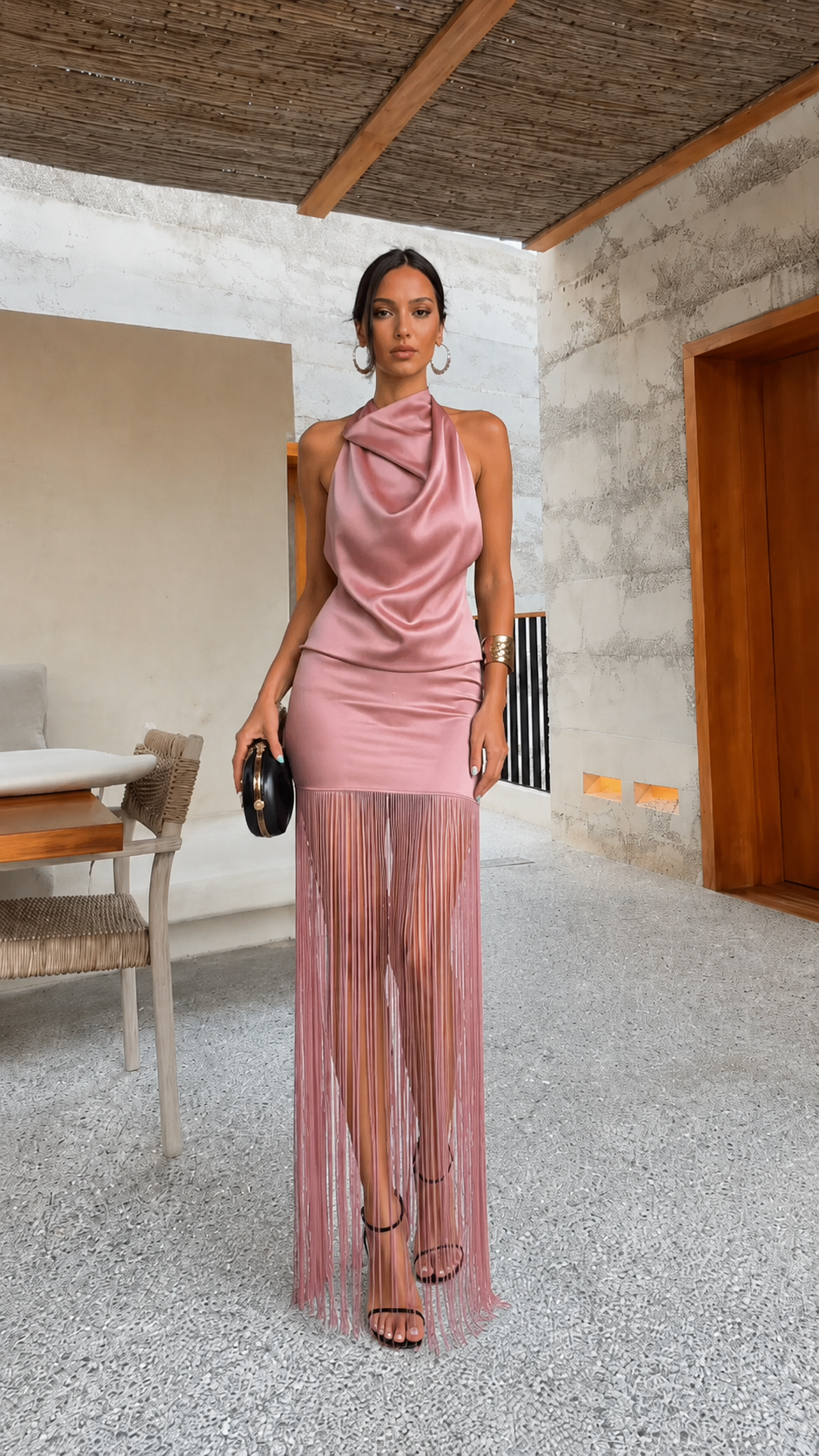 Dusty rose satin-look halter maxi dress with draped neckline and fringe hem