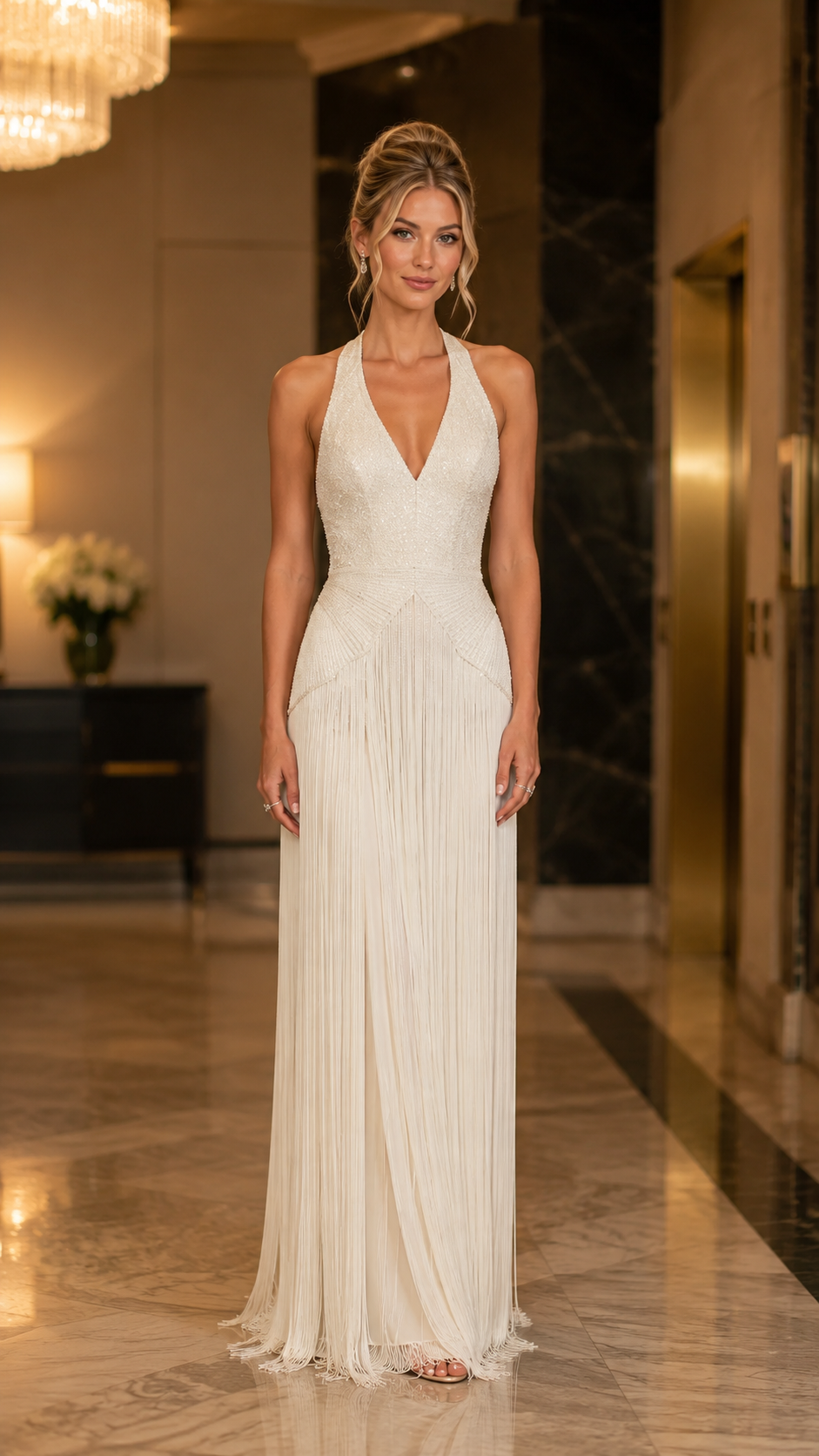 Front view of ivory halter formal gown with open neckline and floor-length pleated fringe