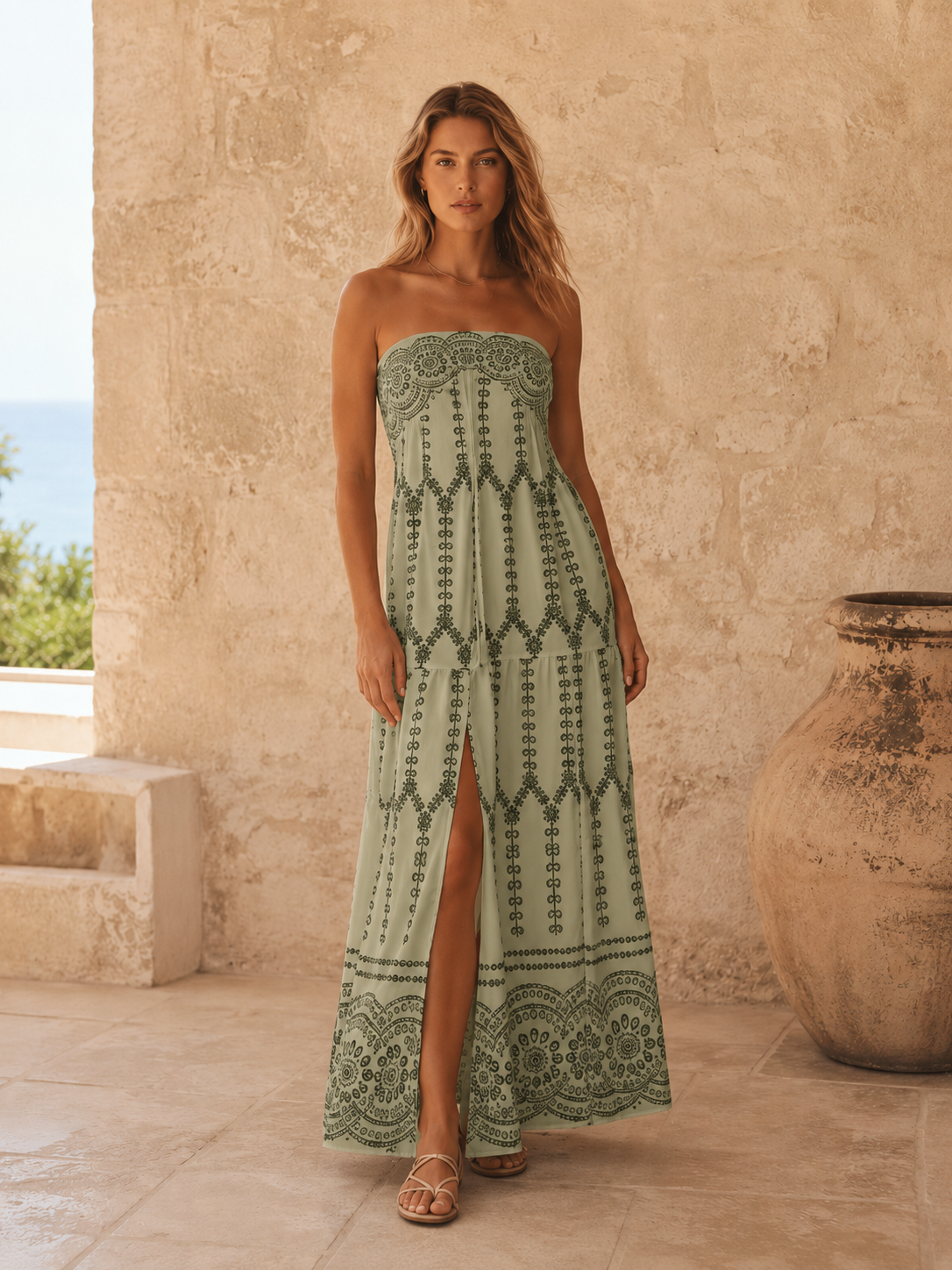 Sage green strapless printed maxi dress with front slit shown from the front