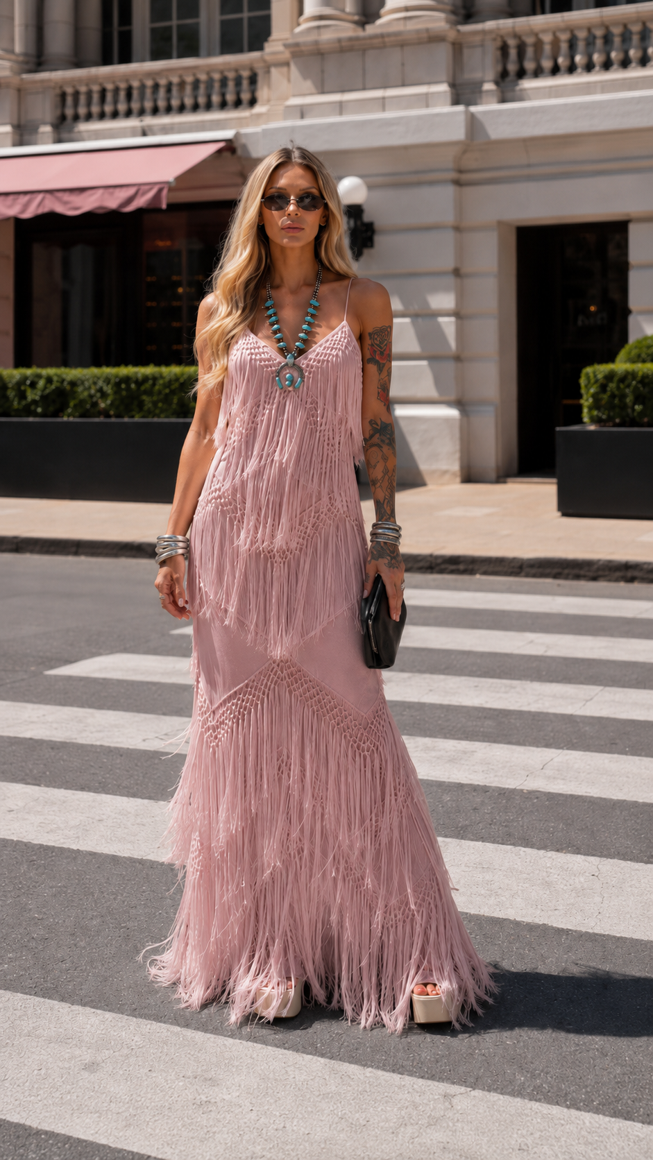 Front view of blush pink fringe cami maxi dress with maxi length