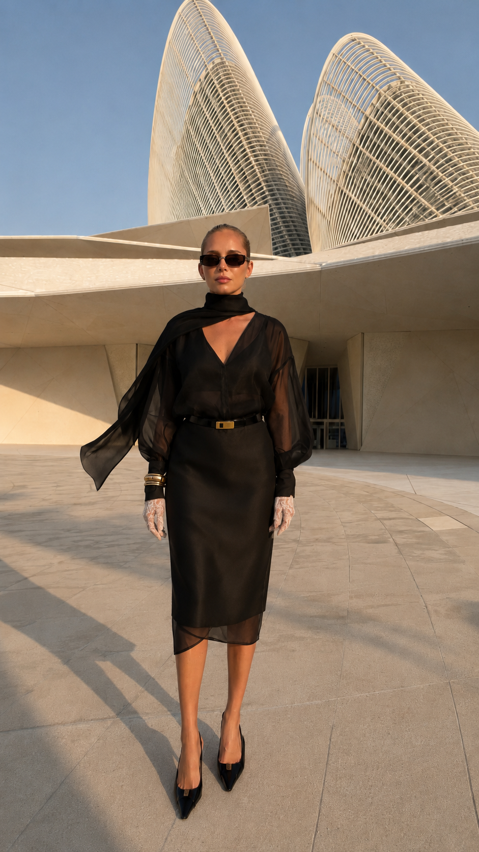 Model wearing black sheer sleeve scarf neck belted midi dress
