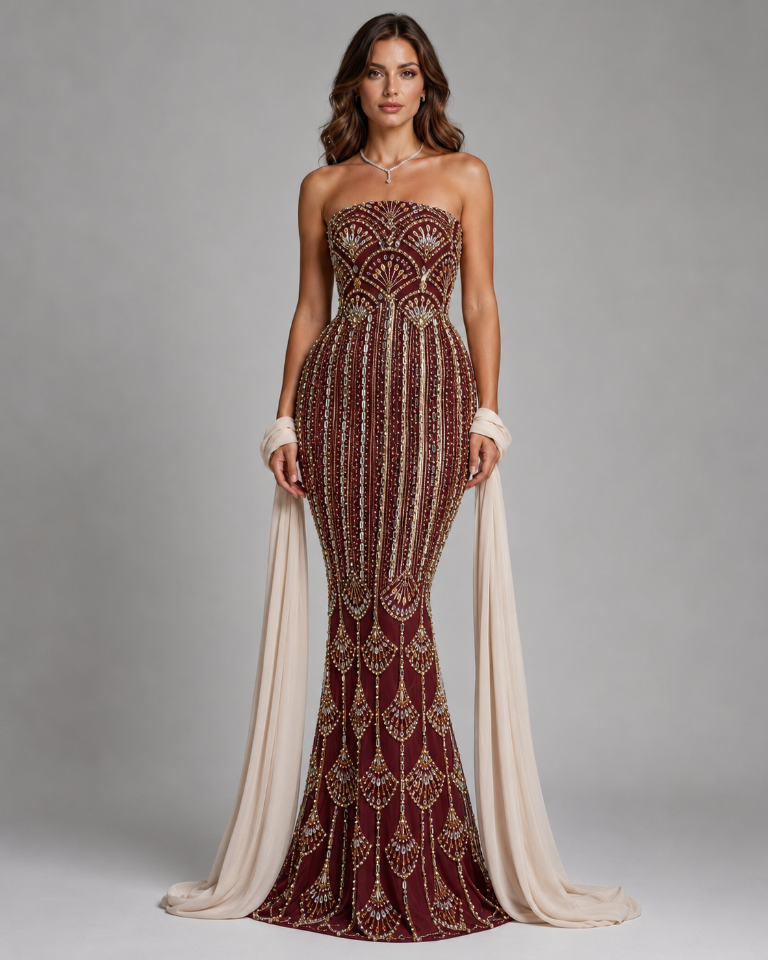 Front view of burgundy strapless embellished formal gown with ivory draped arm scarf