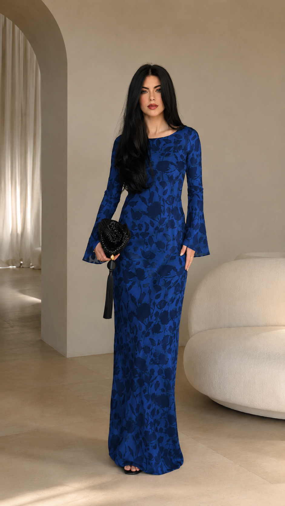 Front view of royal blue floral jacquard bell sleeve maxi dress