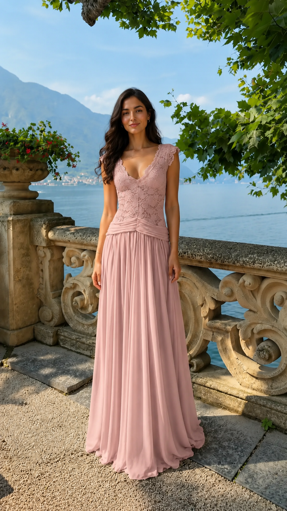 Front view of dusty pink lace bodice pleated maxi dress