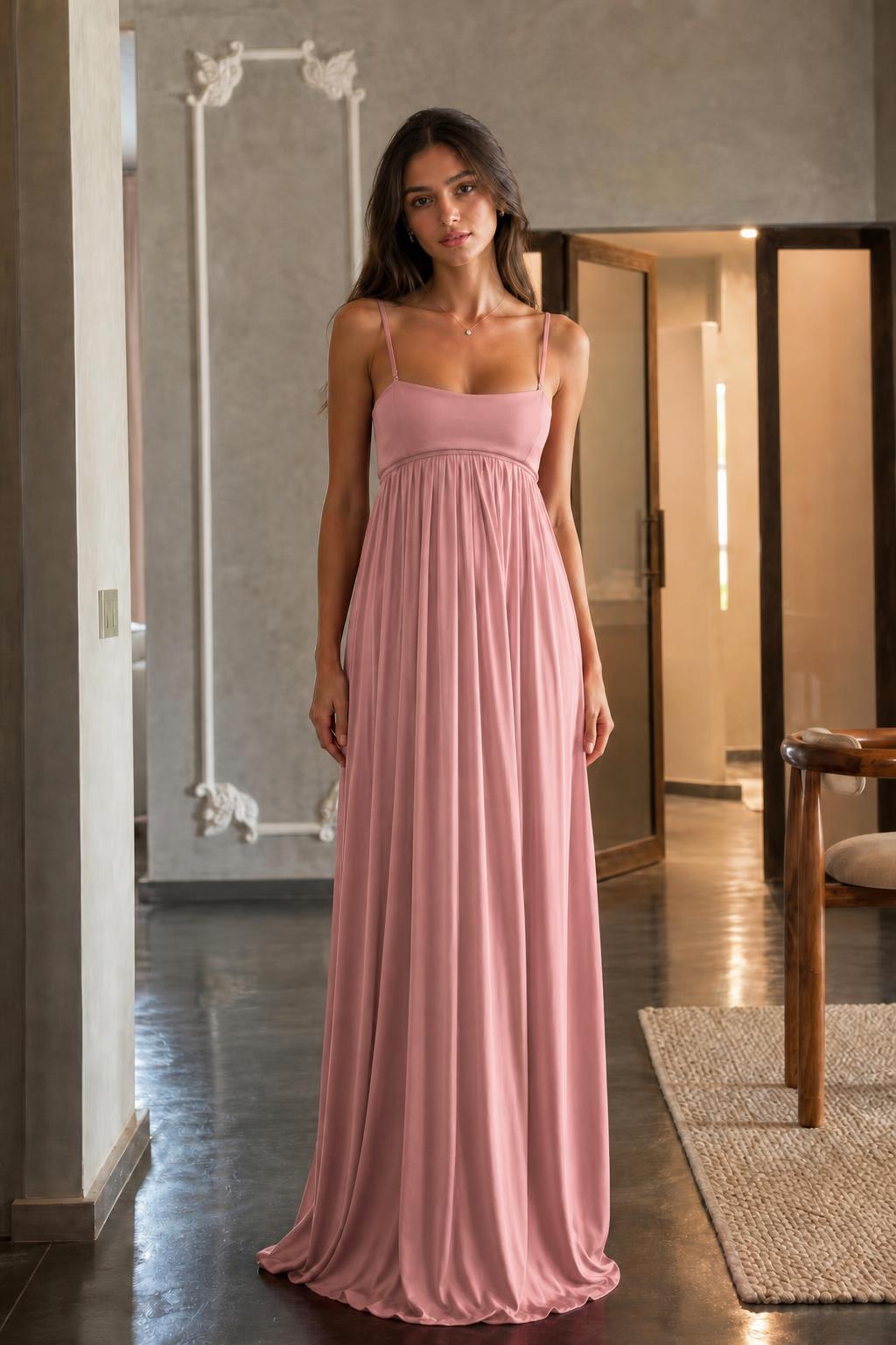 Full-length front view of dusty rose maxi dress
