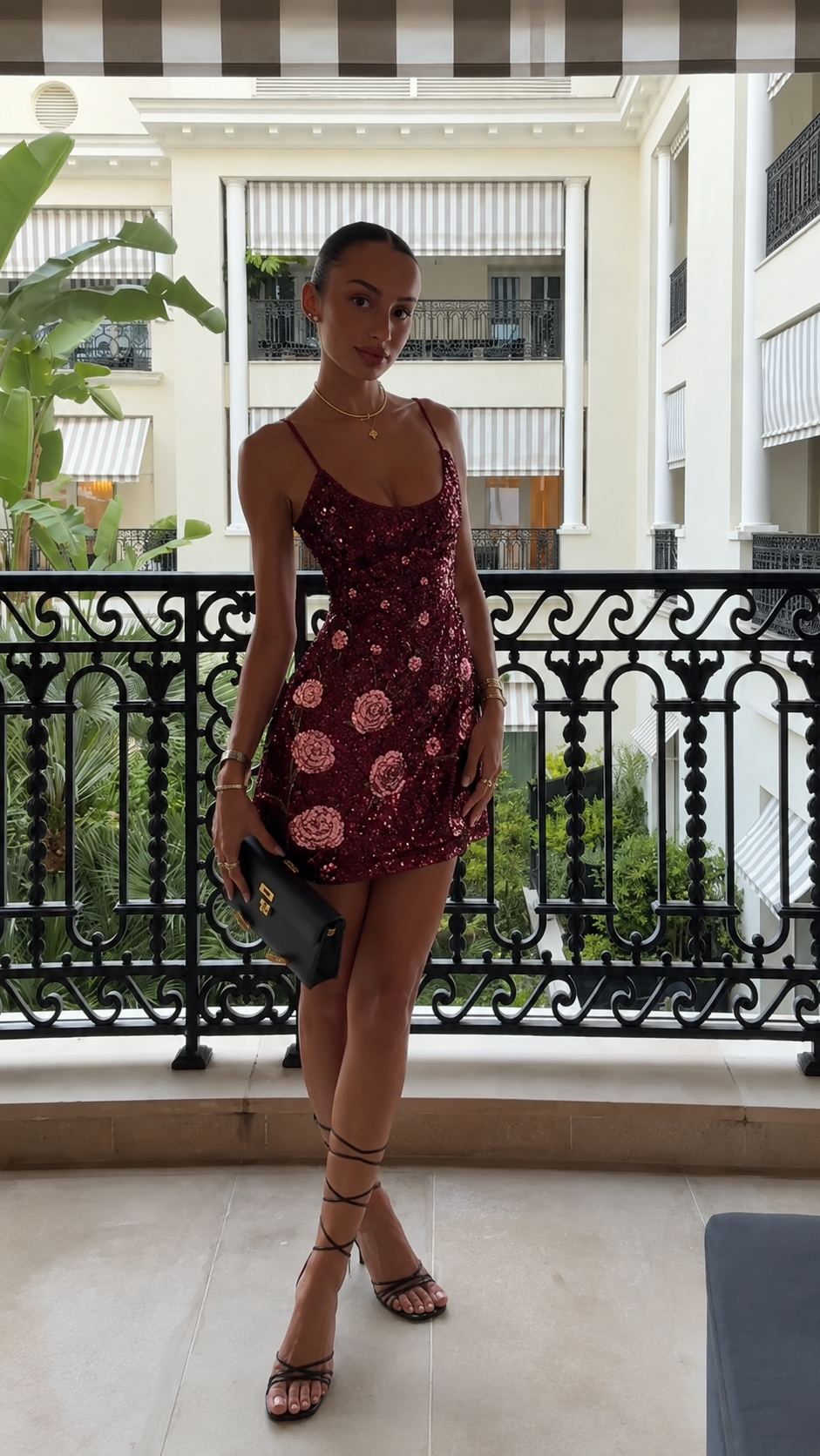 Burgundy sequin floral spaghetti strap mini dress front view