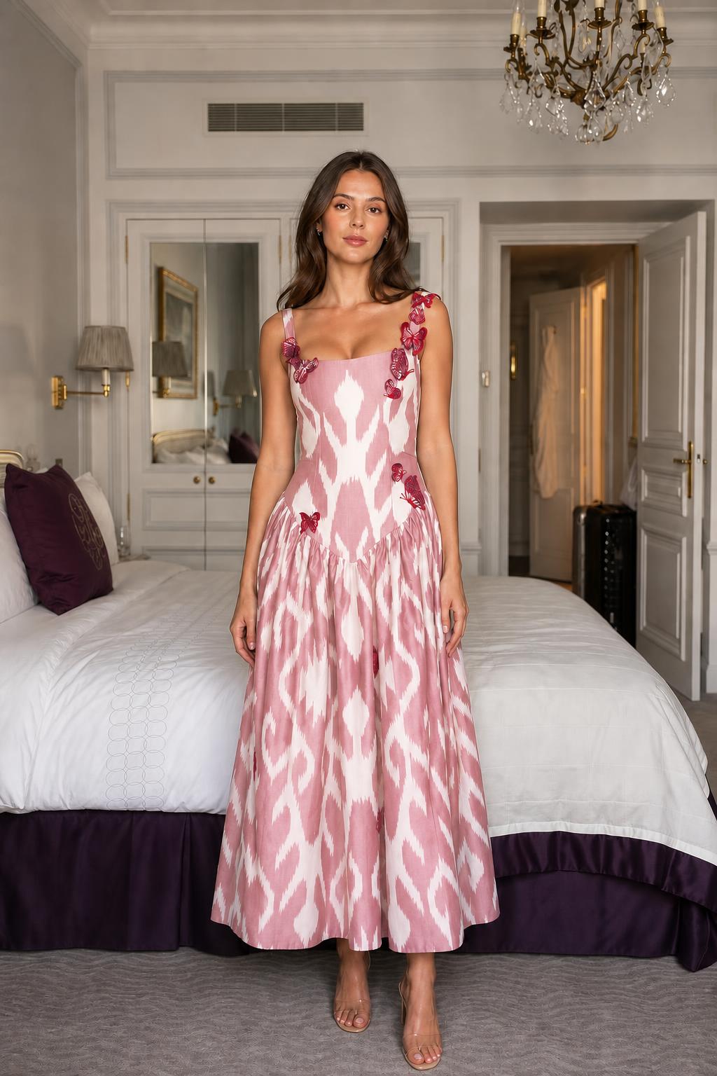 Model wearing pink ikat print midi dress