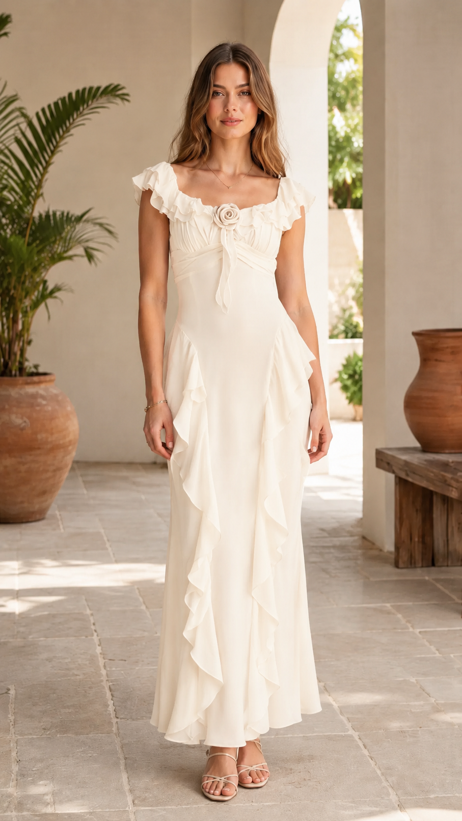 Front view of cream maxi dress with ruffle trim and rosette accent