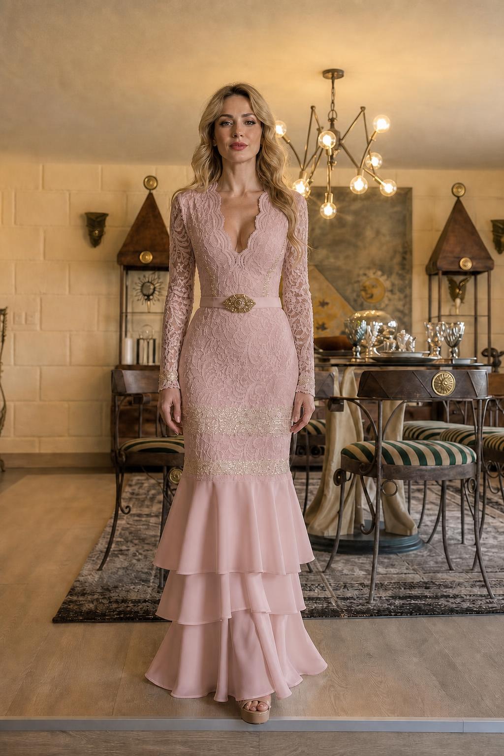 Front full view of pink lace long-sleeve mermaid maxi dress