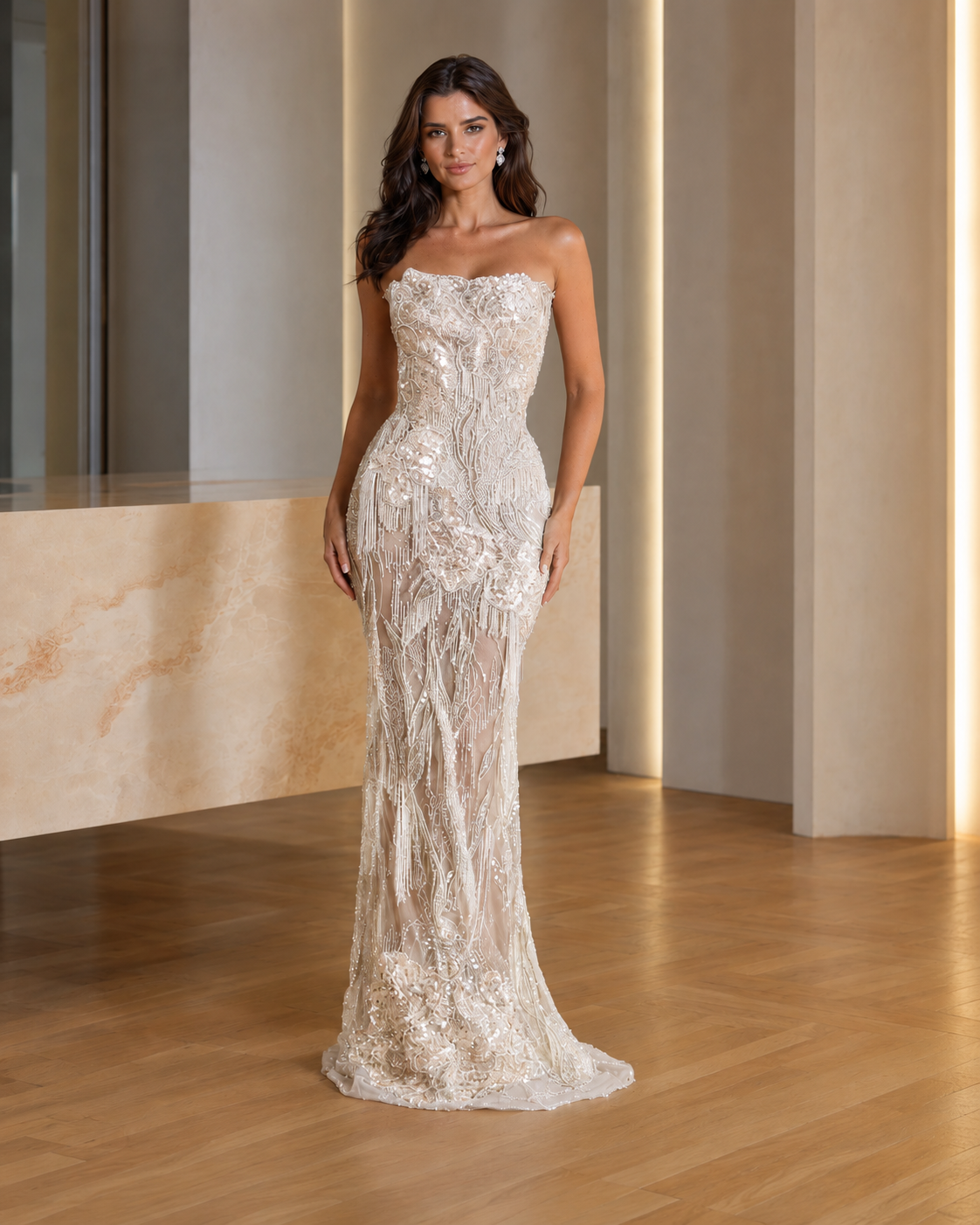 Ivory strapless sequin embellished mermaid gown front view
