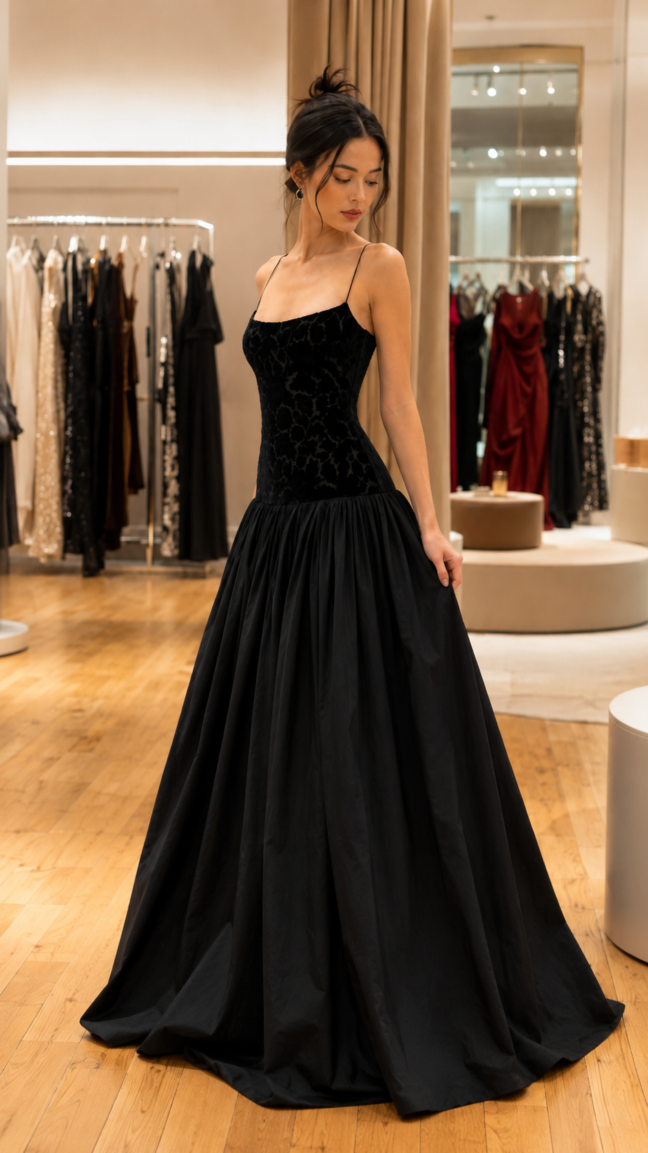 Black evening ball gown with fitted bodice and floor-length skirt angled front view