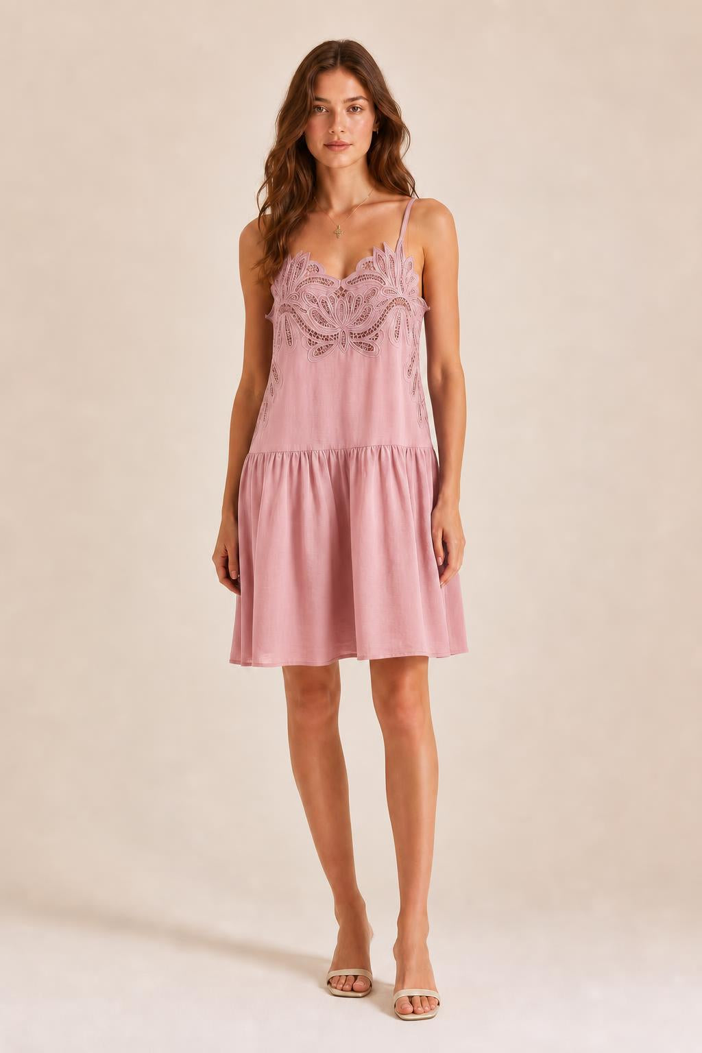 Front view of model in Dusty Pink embroidered cami mini dress