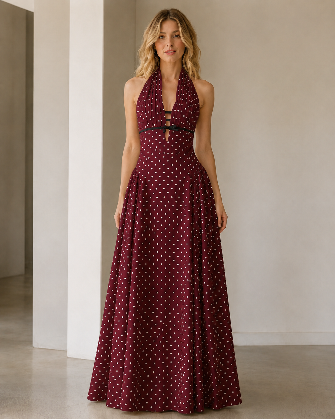 Front view of burgundy polka dot halter maxi dress
