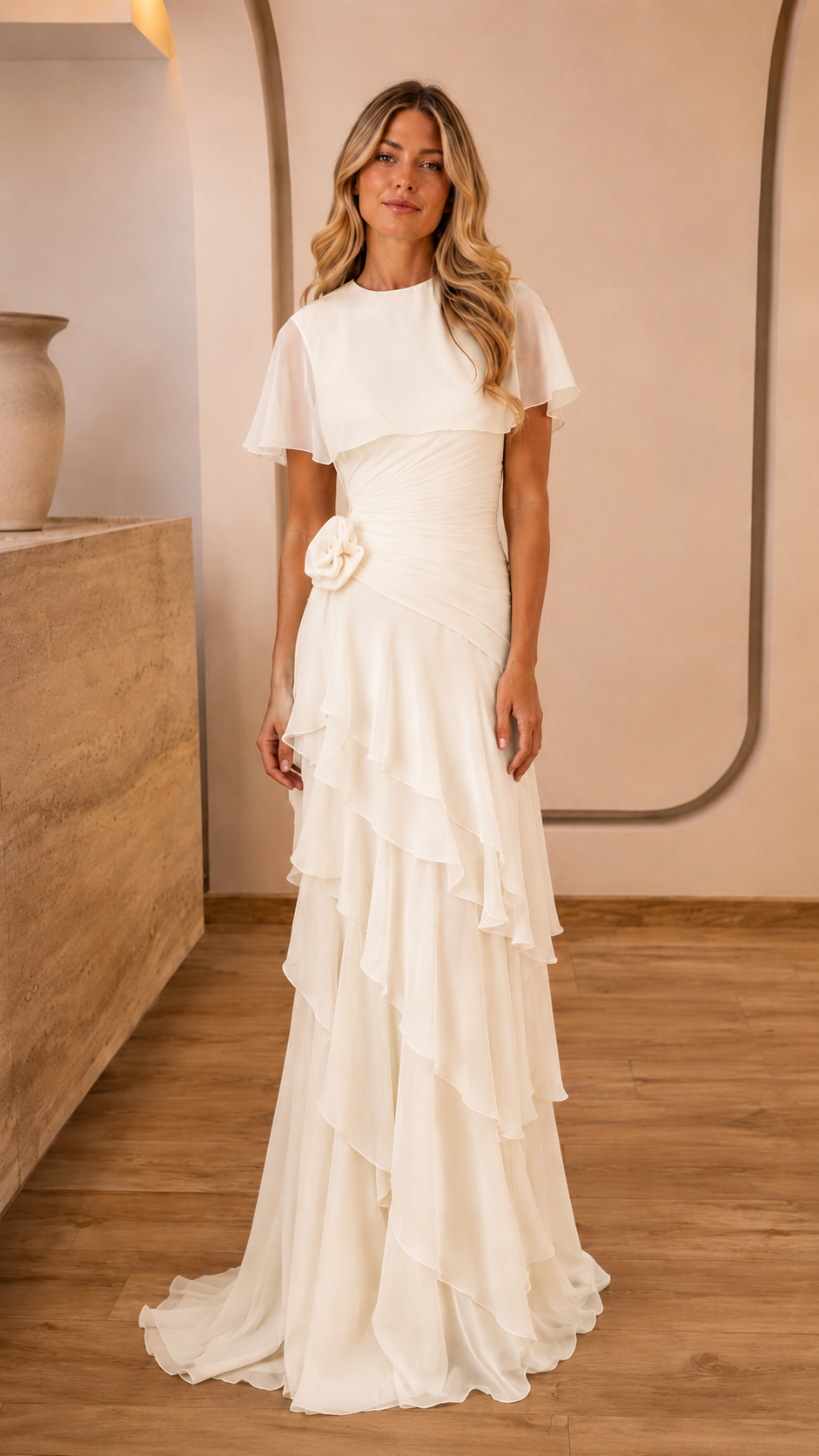 Front view of ivory flutter sleeve tiered ruffle maxi dress with waist flower detail
