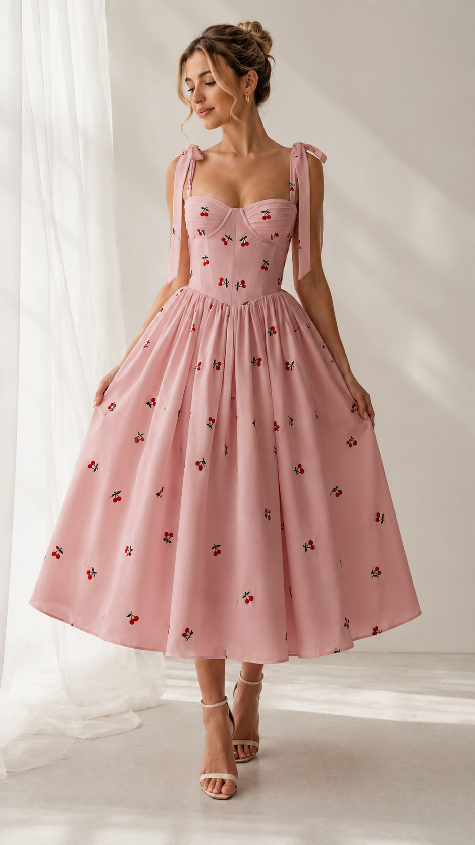 Front view of blush pink cherry print tie-strap sweetheart midi dress