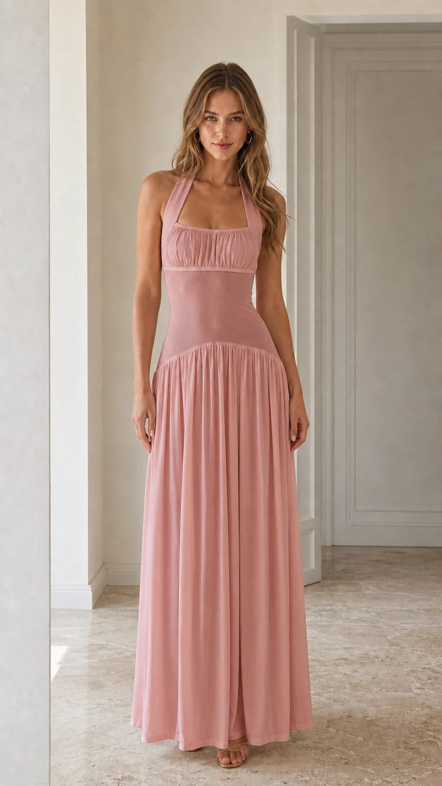 Front view of Pink halter neck maxi dress