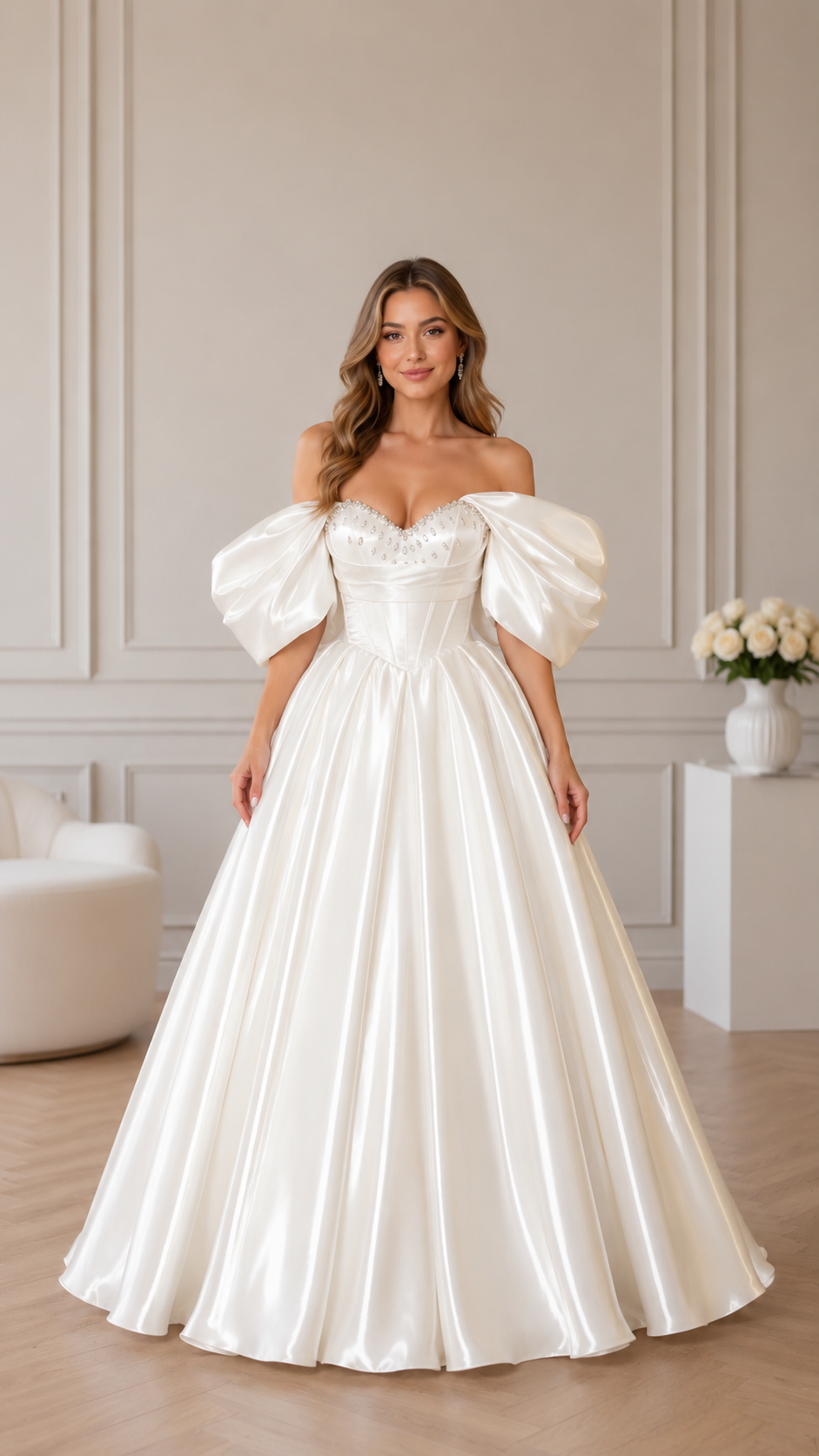 Front view of white off-shoulder formal ball gown with full skirt