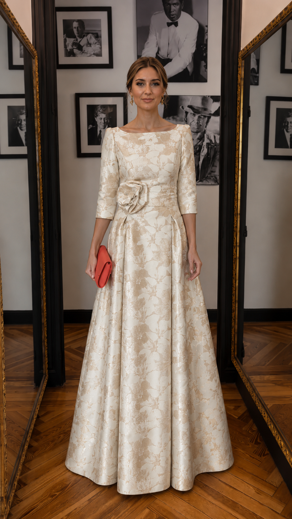 Front view of champagne floral jacquard evening gown with boat neckline and full skirt