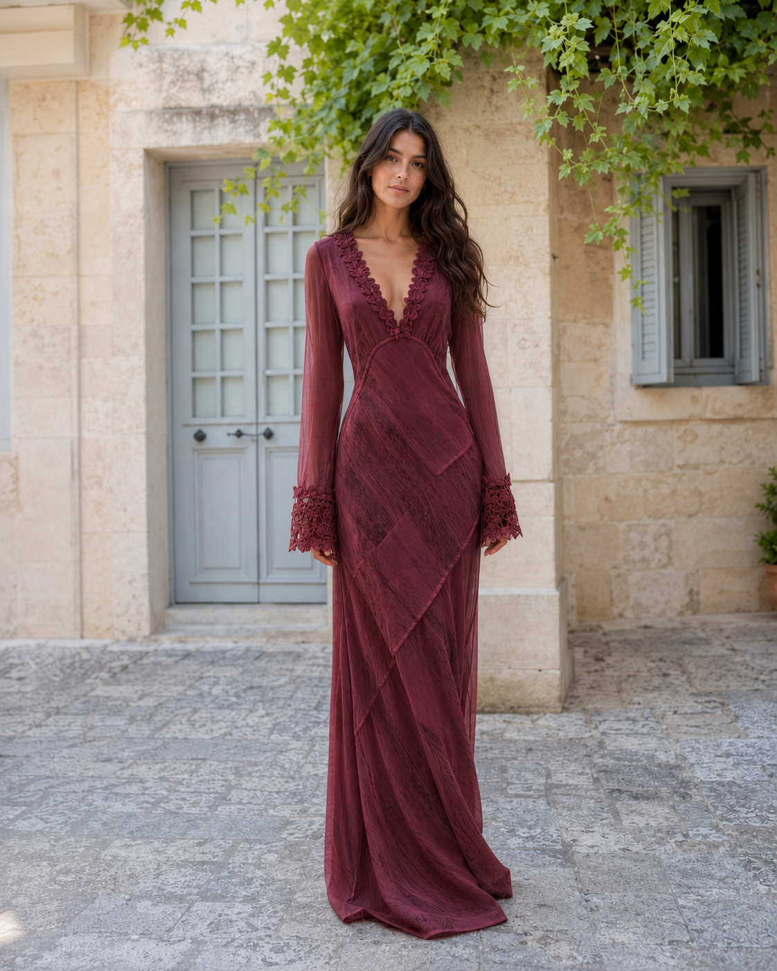 Burgundy lace trim deep V maxi dress with sheer long sleeves front view