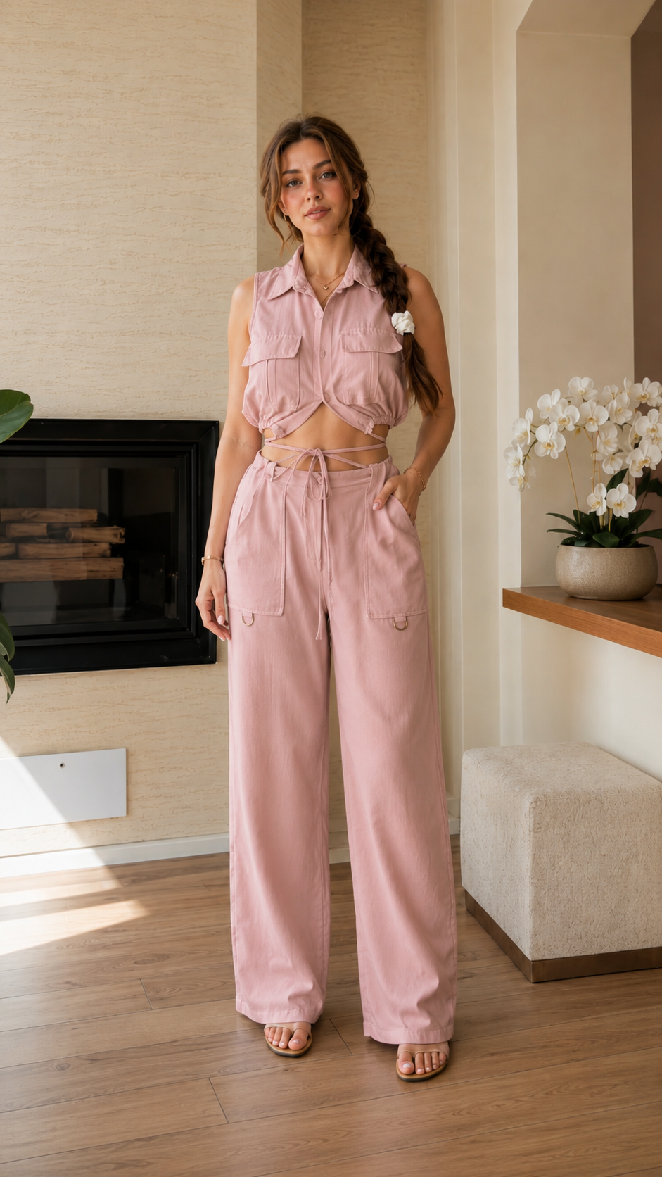 Model wearing blush pink sleeveless collared tie-waist set with wide leg pants