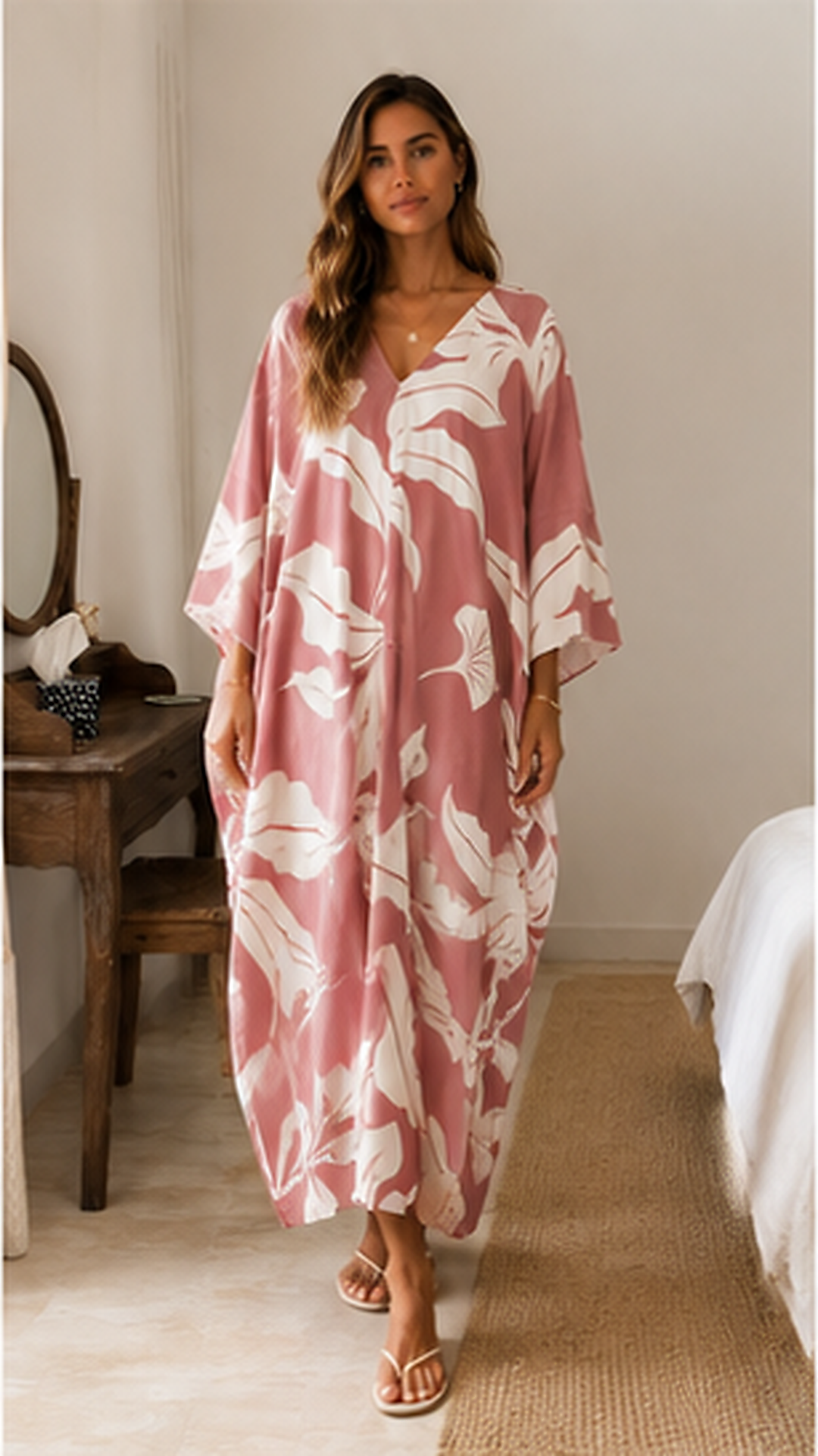Front view of dusty pink tropical print V-neck caftan maxi dress