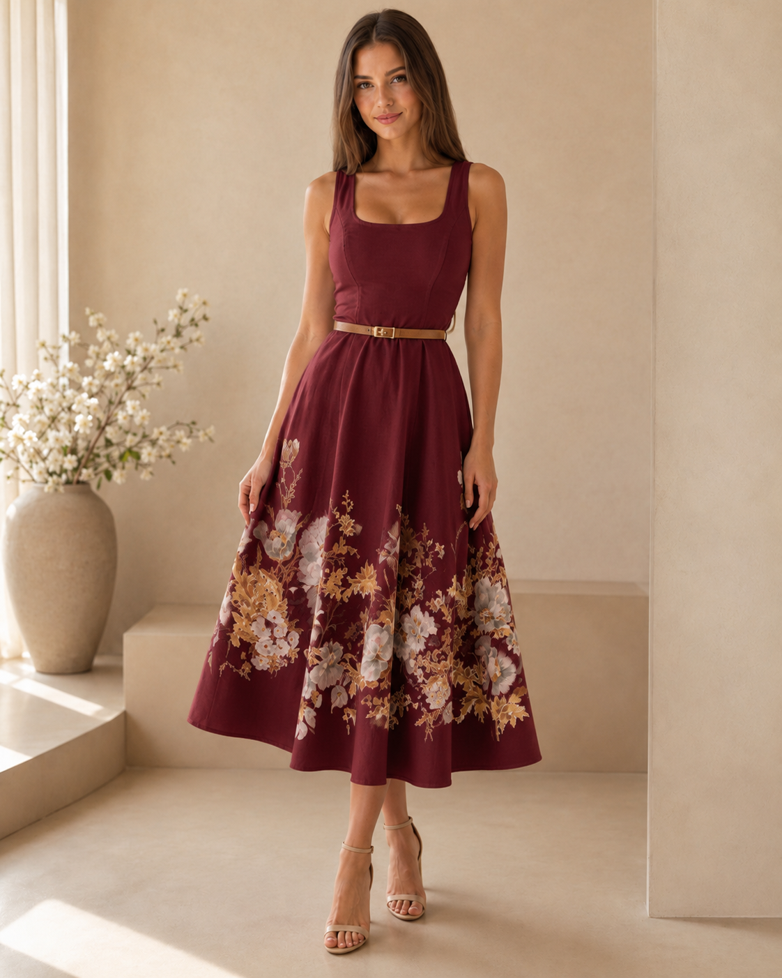 Model wearing a burgundy sleeveless floral midi dress with belt and full skirt