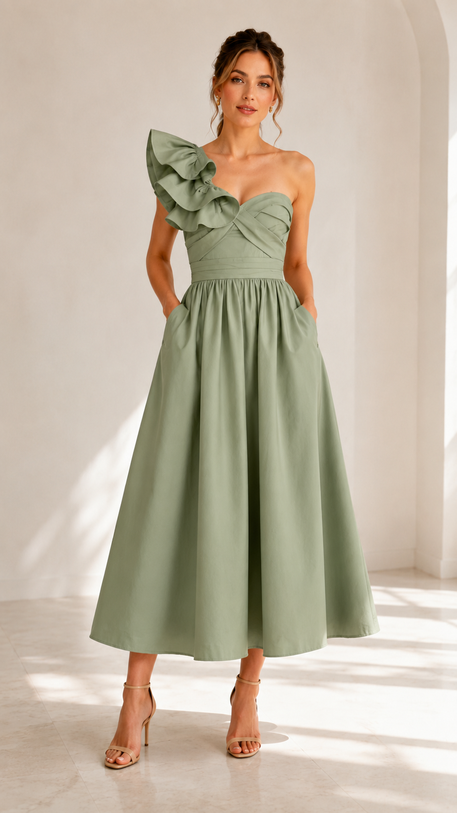 Front view of sage one-shoulder ruffle midi dress with full skirt