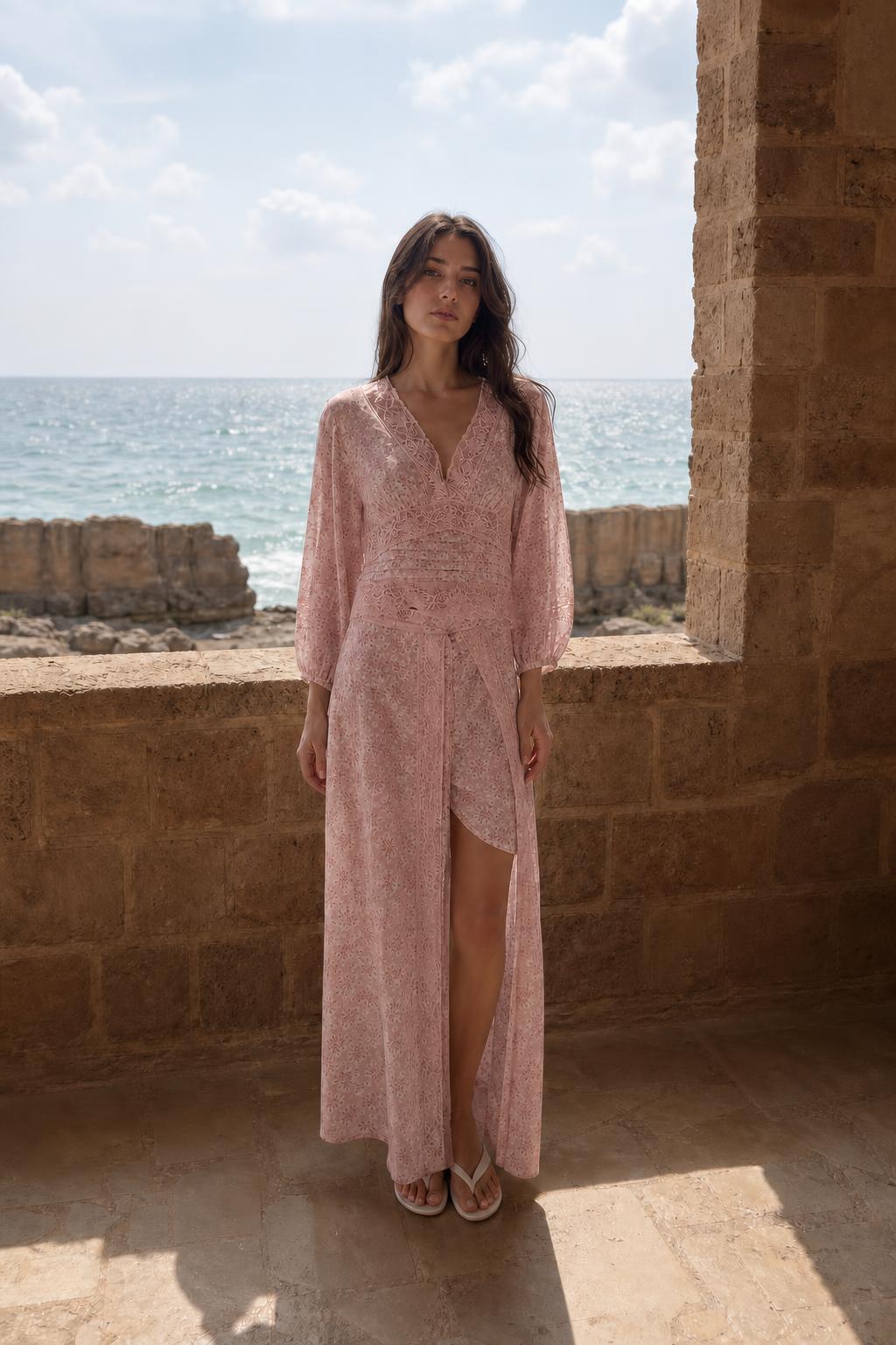 Front view of pink floral maxi dress variant