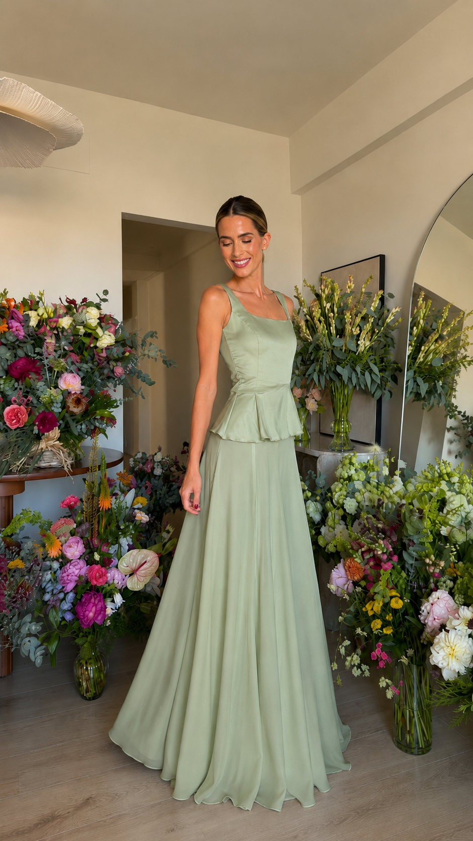 Sage green sleeveless peplum waist maxi dress
