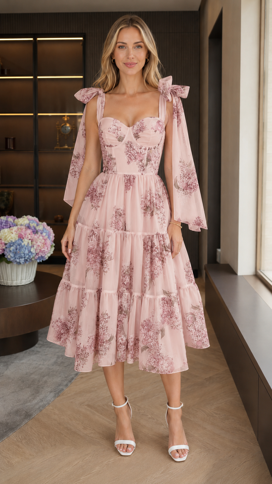 Front view of blush pink floral tie-shoulder sweetheart midi dress