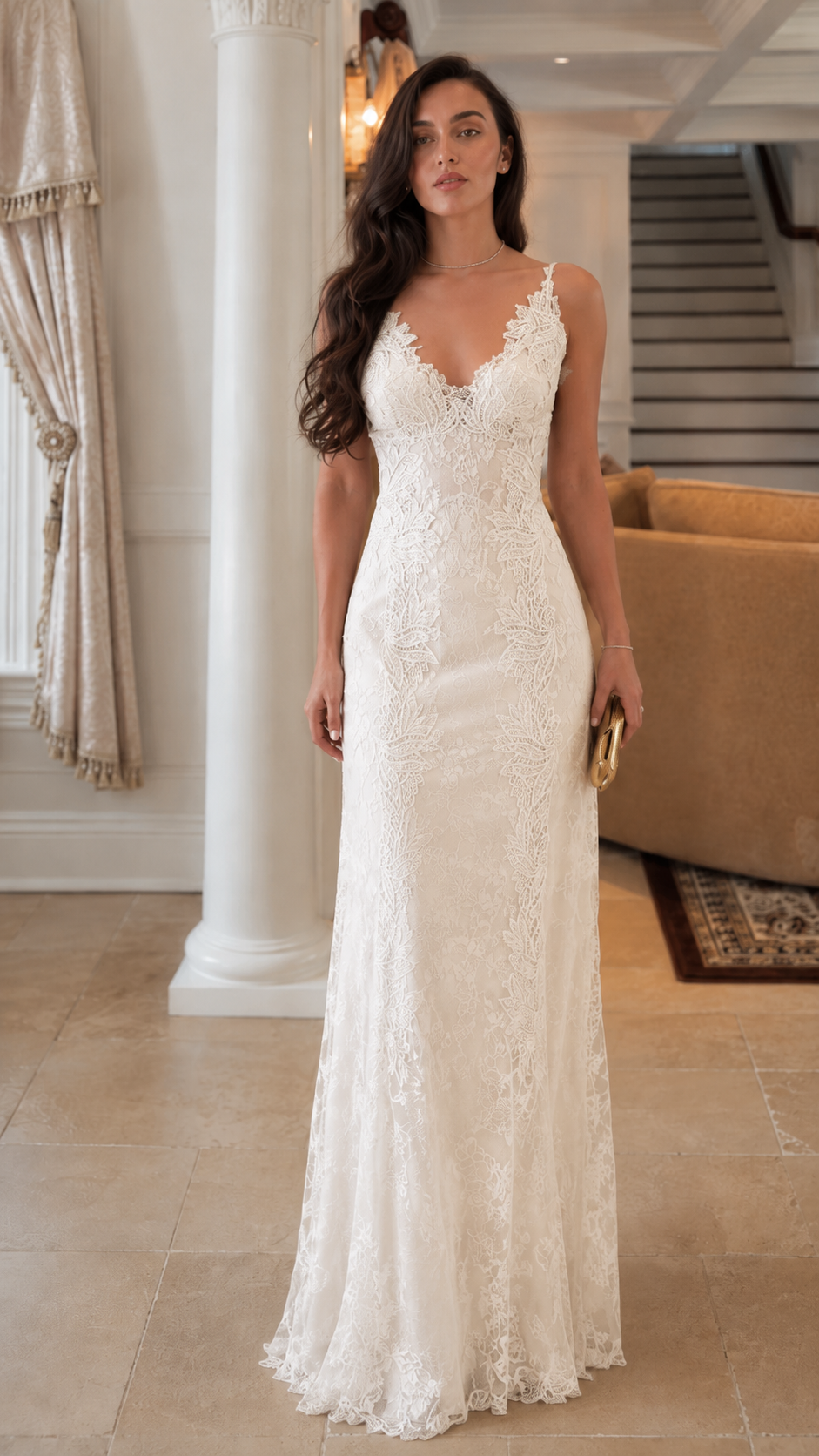 Front view of ivory lace mermaid maxi evening dress