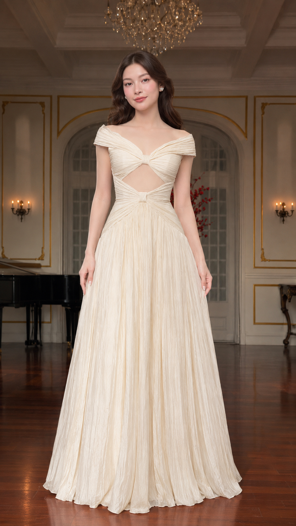 Front view of ivory off-shoulder evening gown with draped bodice and floor-length skirt