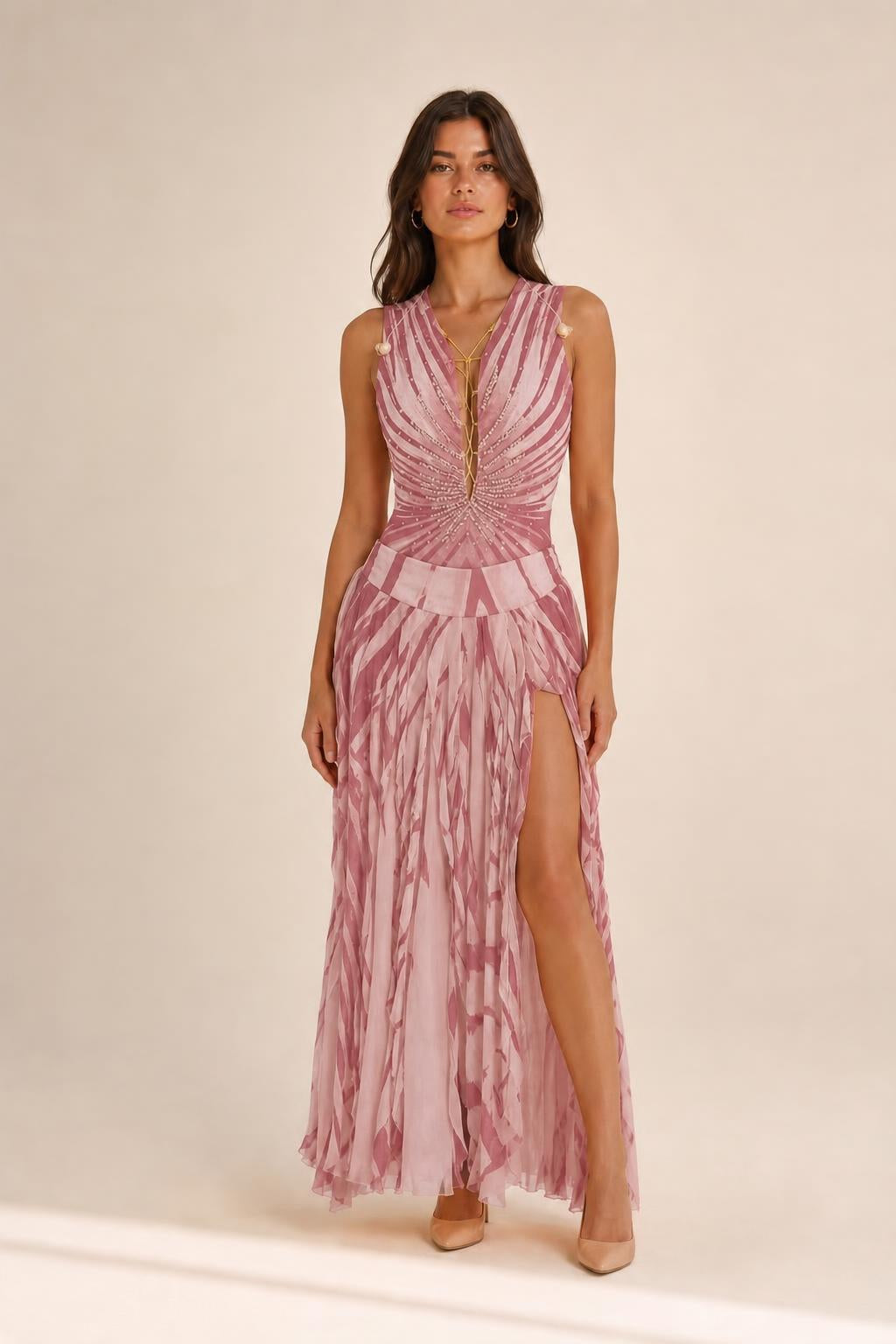 Front view of pink beaded v-neck maxi dress
