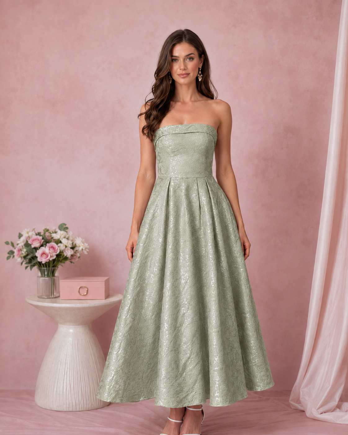 Front view of sage strapless jacquard A-line midi dress