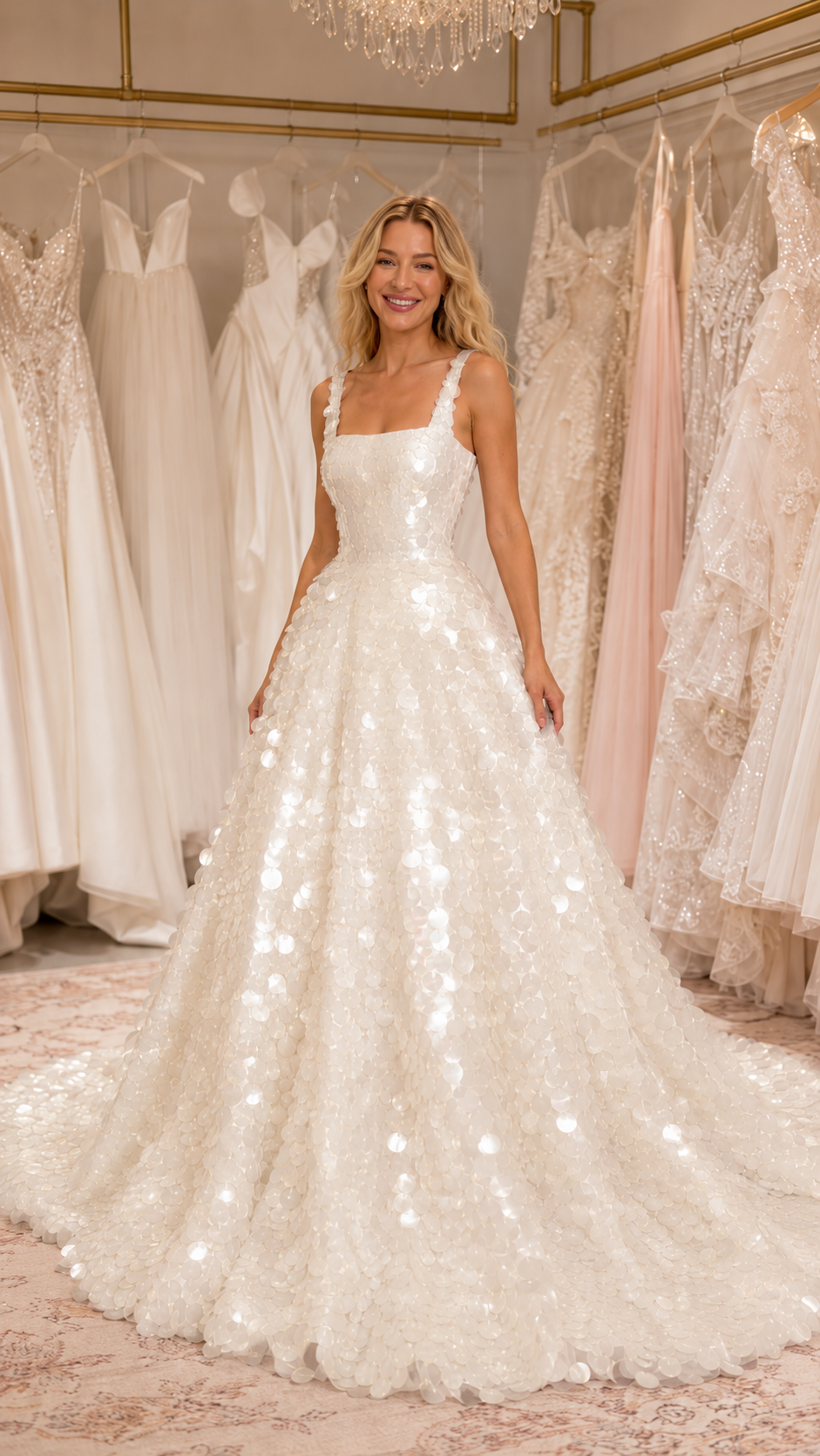 Front view of ivory sequin formal gown with square neckline and full-length silhouette