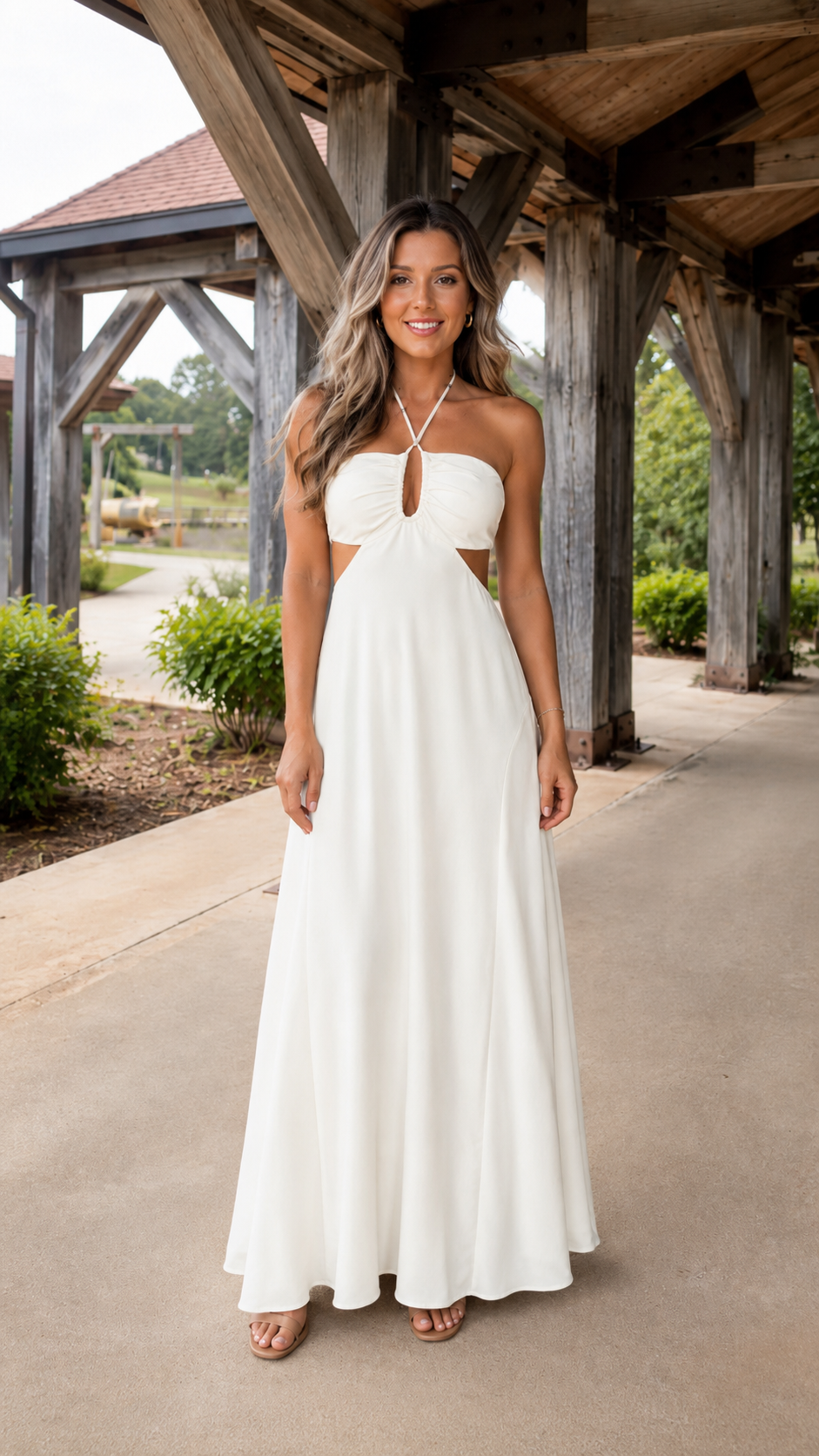 Front view of white halter cutout maxi dress with open side waist detail