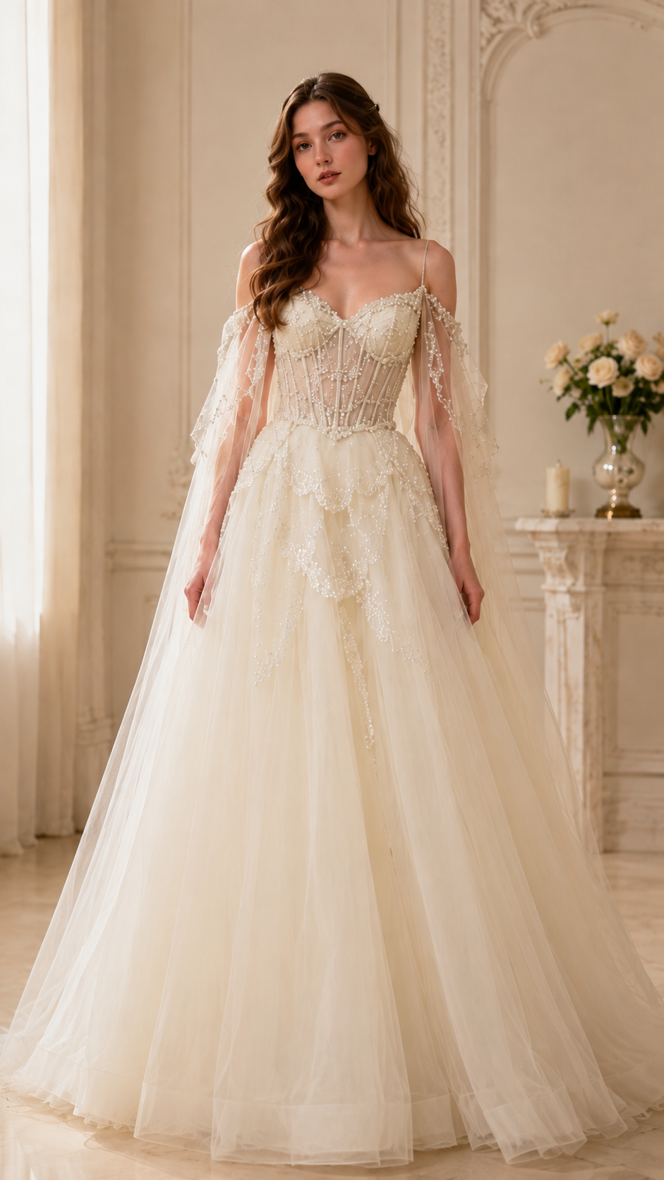 Front view of champagne off-shoulder embellished tulle formal gown