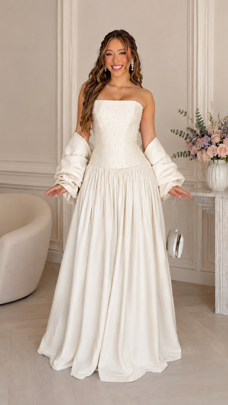Front view of ivory strapless beaded bodice maxi gown with matching shawl